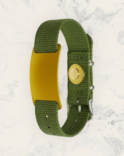 Natural Pain Relief and EMF Protection Bracelet Nylon Band Color Army Green with a Gold Slider