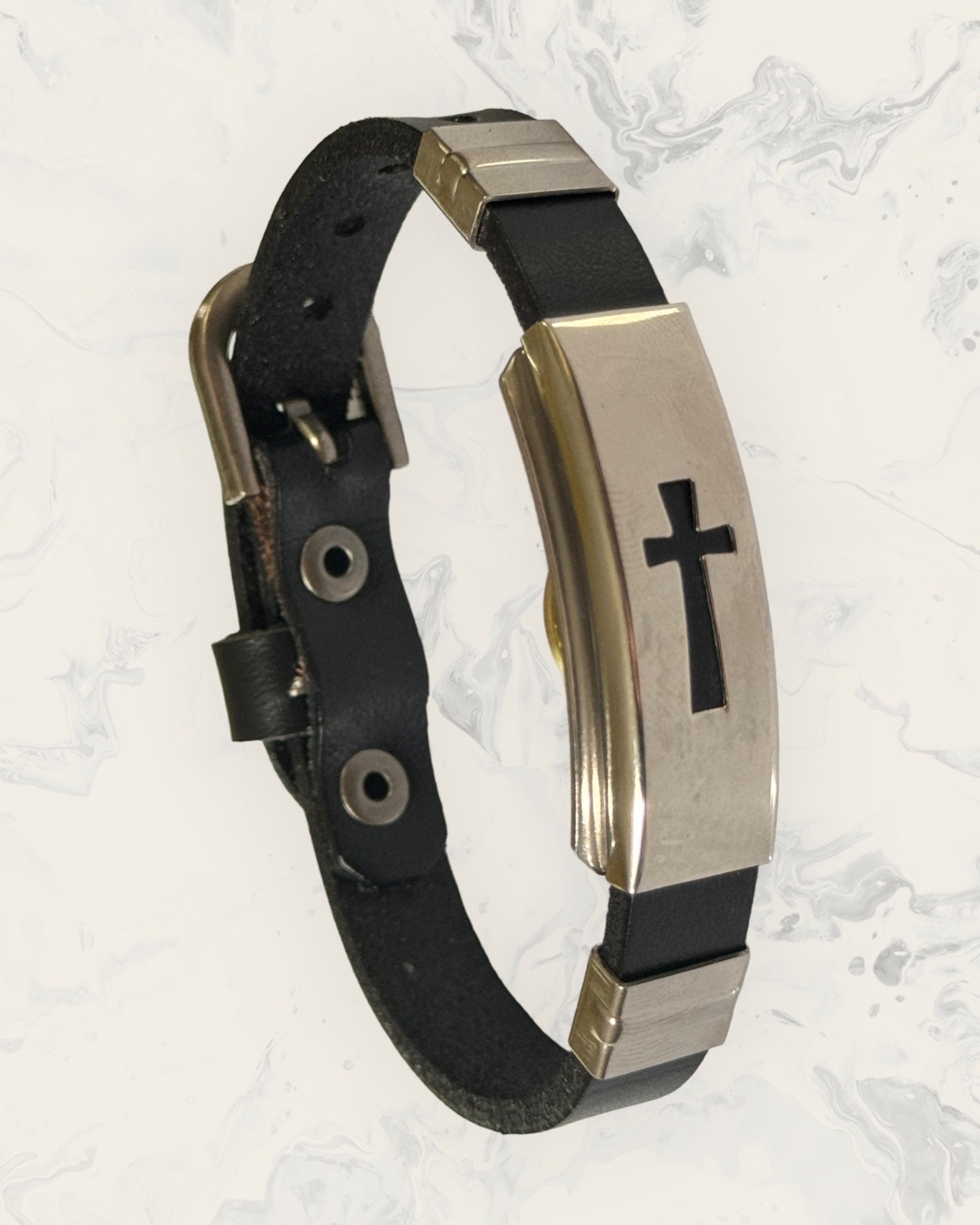 Natural Pain Relief and EMF Protection Bracelet Leather Band Color Black with Cross design on a silver metal slider