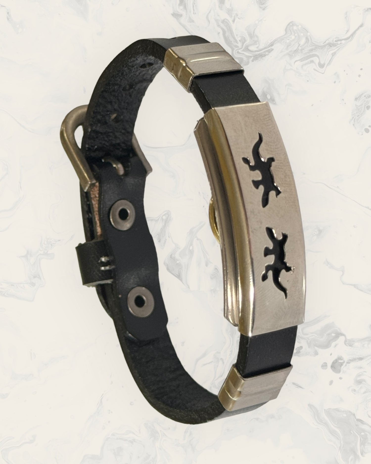 Natural Pain Relief and EMF Protection Bracelet Leather Band Color Black with Two Geckos design on a silver metal slider