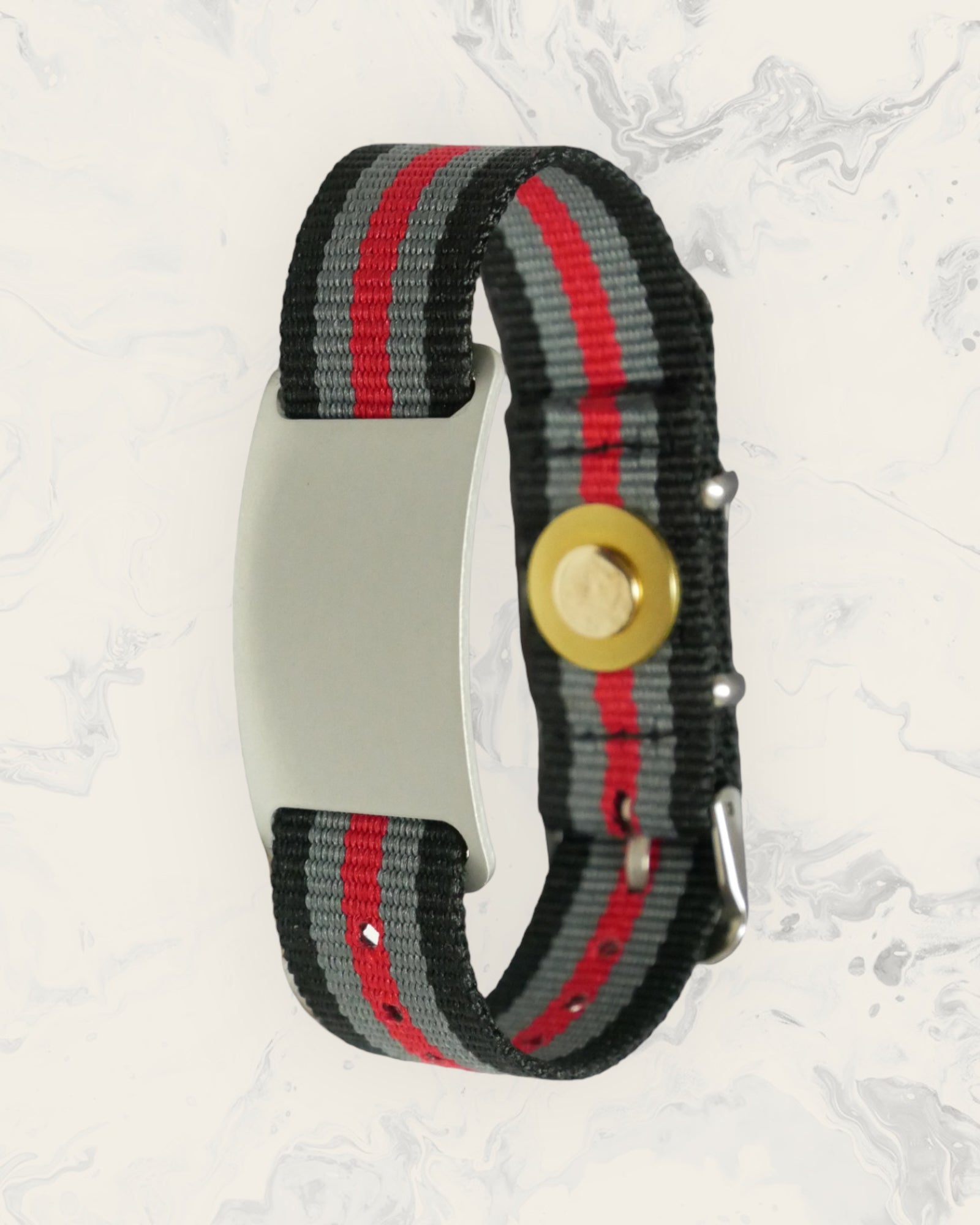 Frequency Jewelry Natural Pain Relief and EMF Protection Bracelet Nylon Band Color Black, Gray, and Red Striped with a Silver Slider