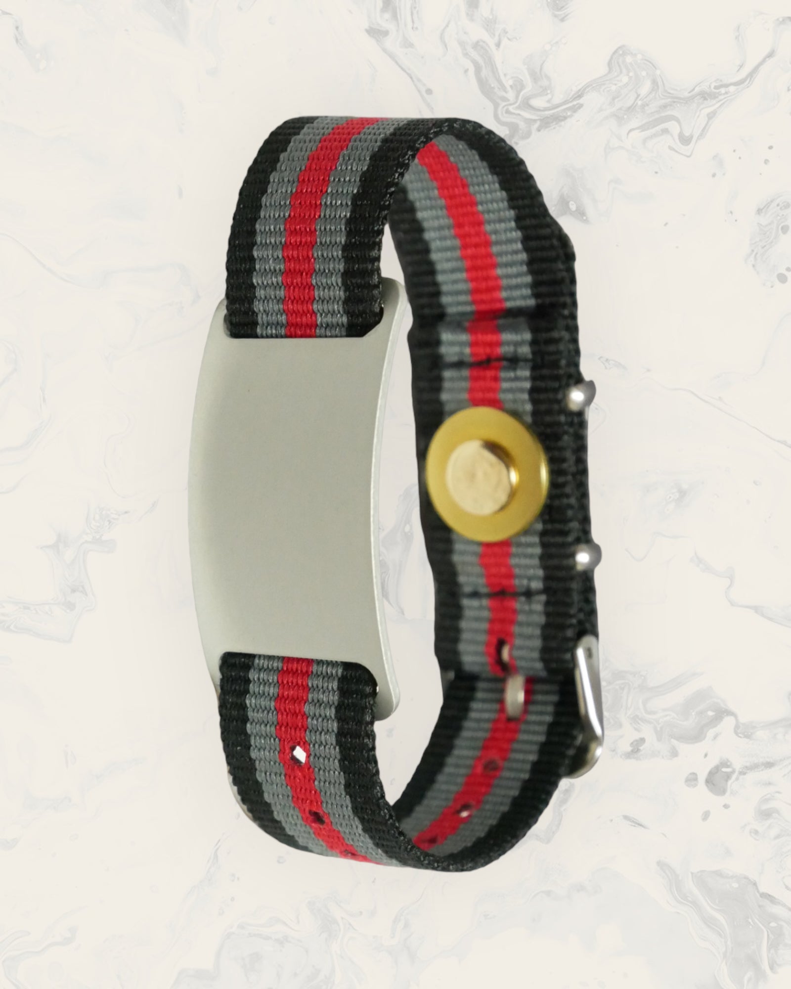 Natural Pain Relief and EMF Protection Bracelet Nylon Band Color Black, Gray, and Red Striped with a Silver Slider