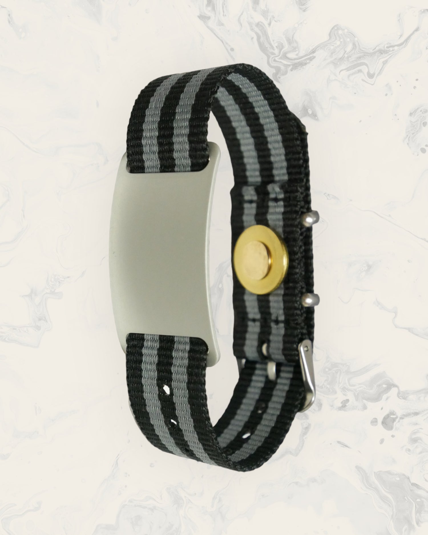 Natural Pain Relief and EMF Protection Bracelet Nylon Band Color Black and Gray Striped with a Silver Slider