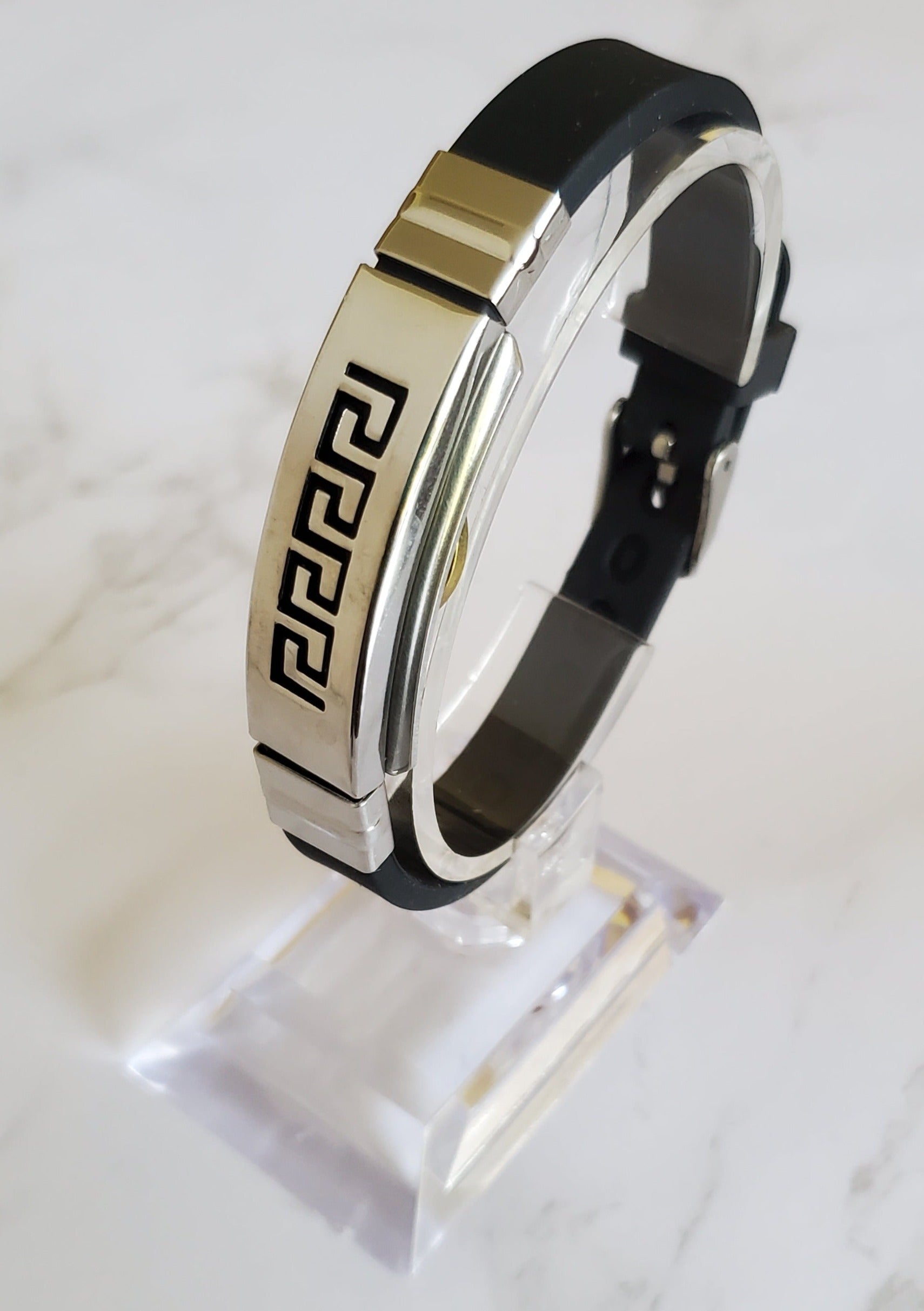 Frequency Jewelry Natural Pain Relief and EMF Protection Bracelet Greek Key Neoprene Band Color Black