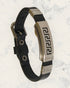 Natural Pain Relief and EMF Protection Bracelet Leather Band Color Black with Greek Key design on a silver metal slider