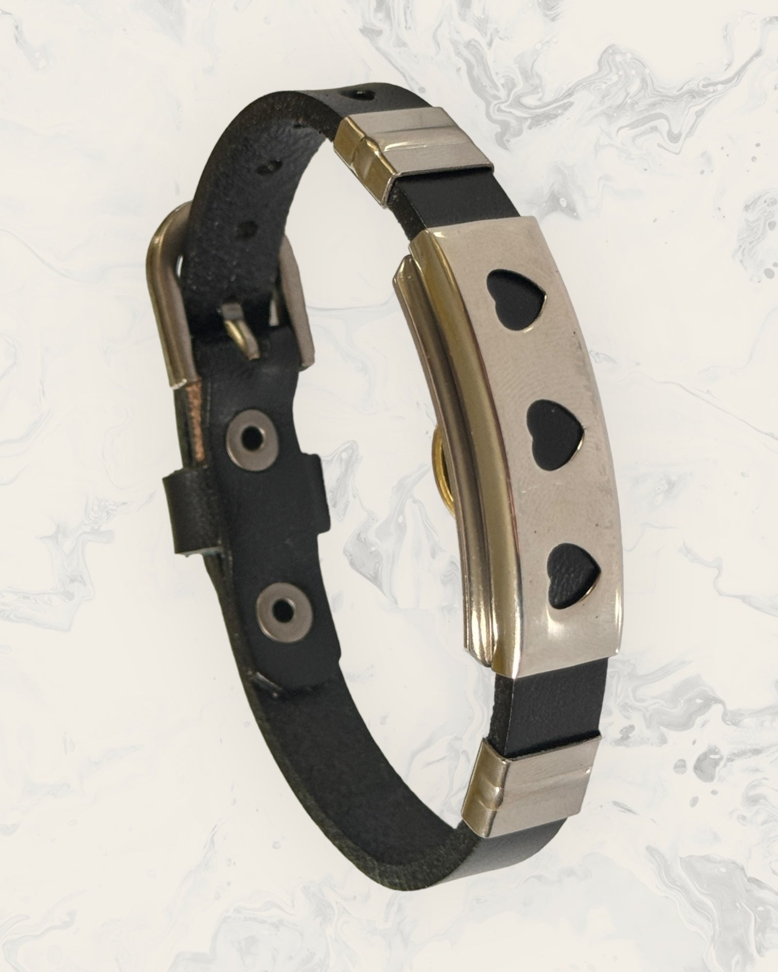 Frequency Jewelry Natural Pain Relief and EMF Protection Bracelet Leather Band Color Black with Three Hearts design on a silver metal slider