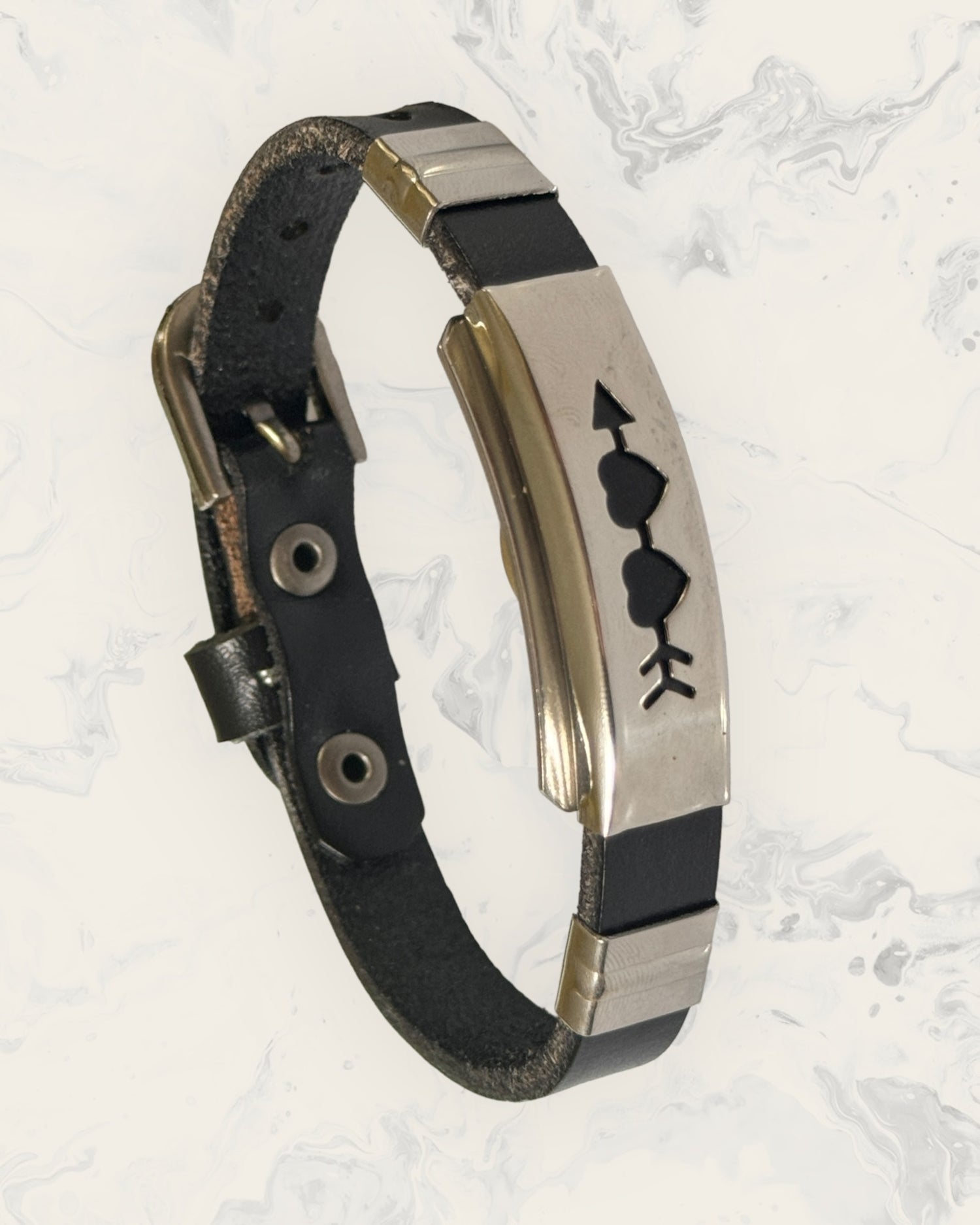 Natural Pain Relief and EMF Protection Bracelet Leather Band Color Black with Two Hearts and an arrow design on a silver metal slider