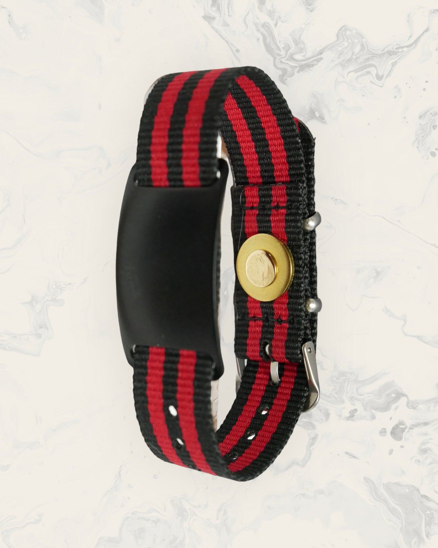 Natural Pain Relief and EMF Protection Bracelet Nylon Band Color Black and Red Striped with a Black Slider