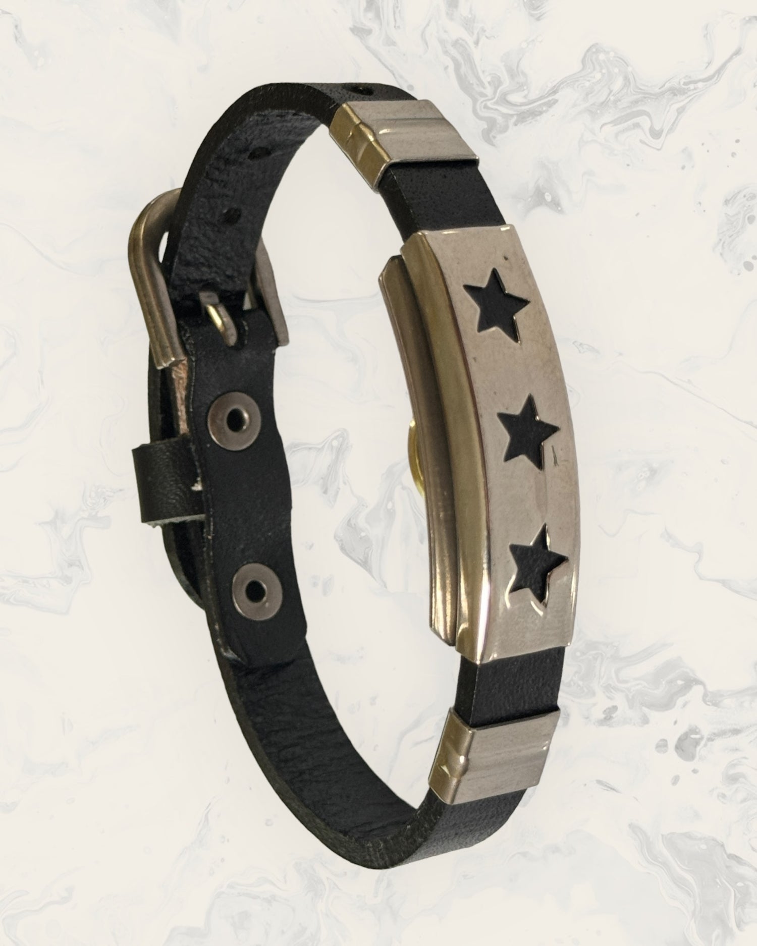 Natural Pain Relief and EMF Protection Bracelet Leather Band Color Black with a Star design on a silver metal slider
