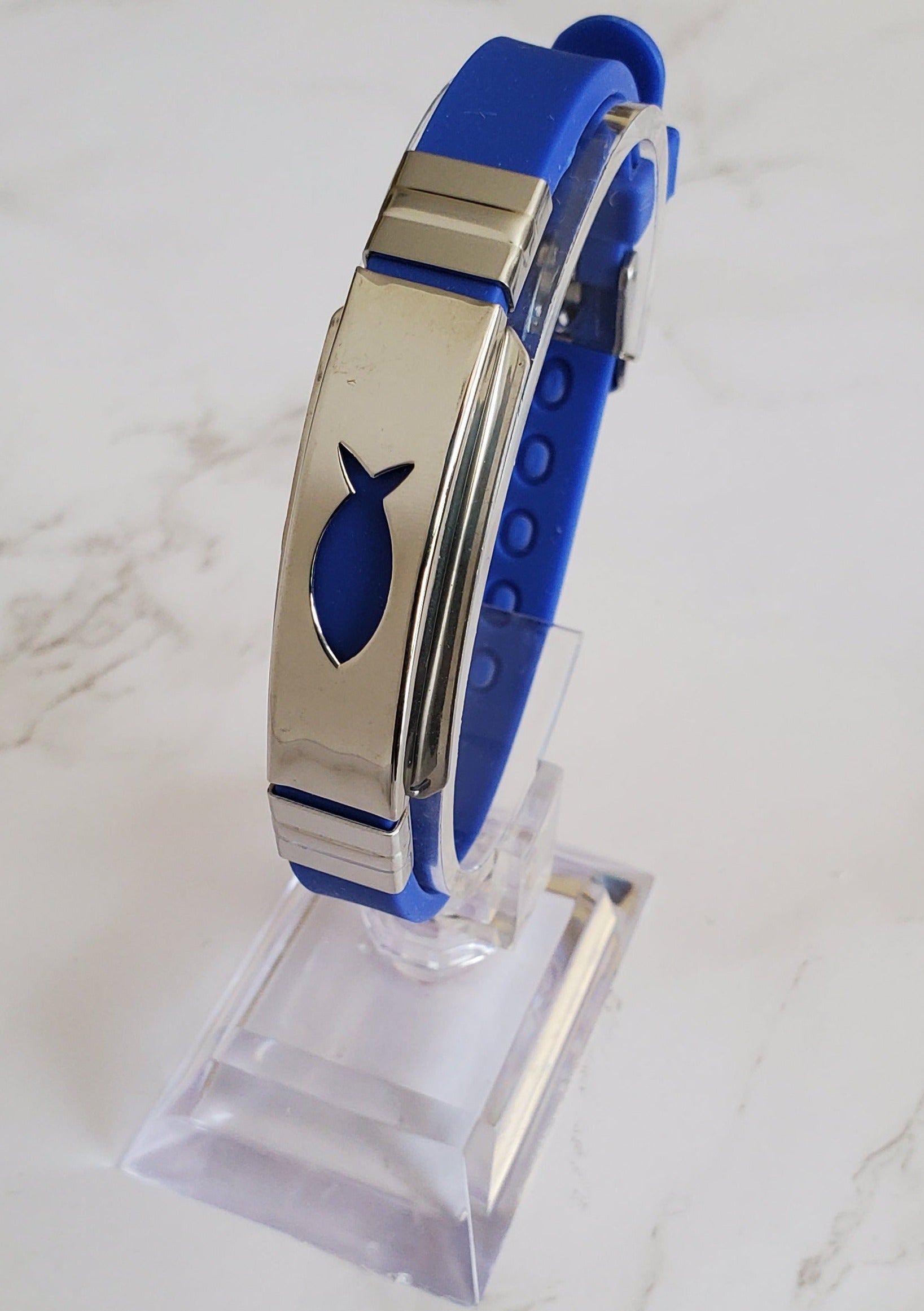 Frequency Jewelry Natural Pain Relief and EMF Protection Bracelet Christian Fish Neoprene Band Color Royal Blue