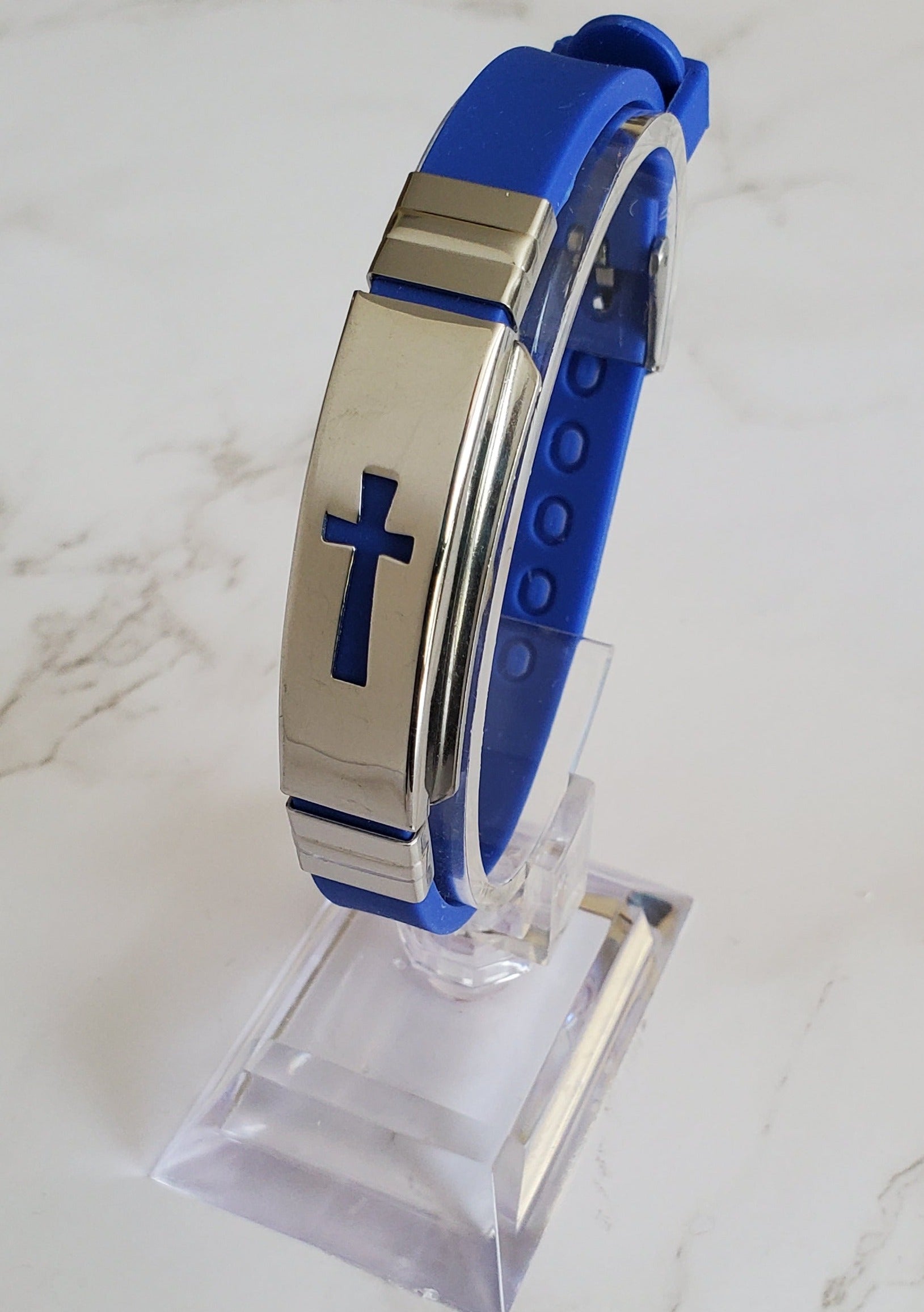 Frequency Jewelry Natural Pain Relief and EMF Protection Bracelet Cross Neoprene Band Color Royal Blue