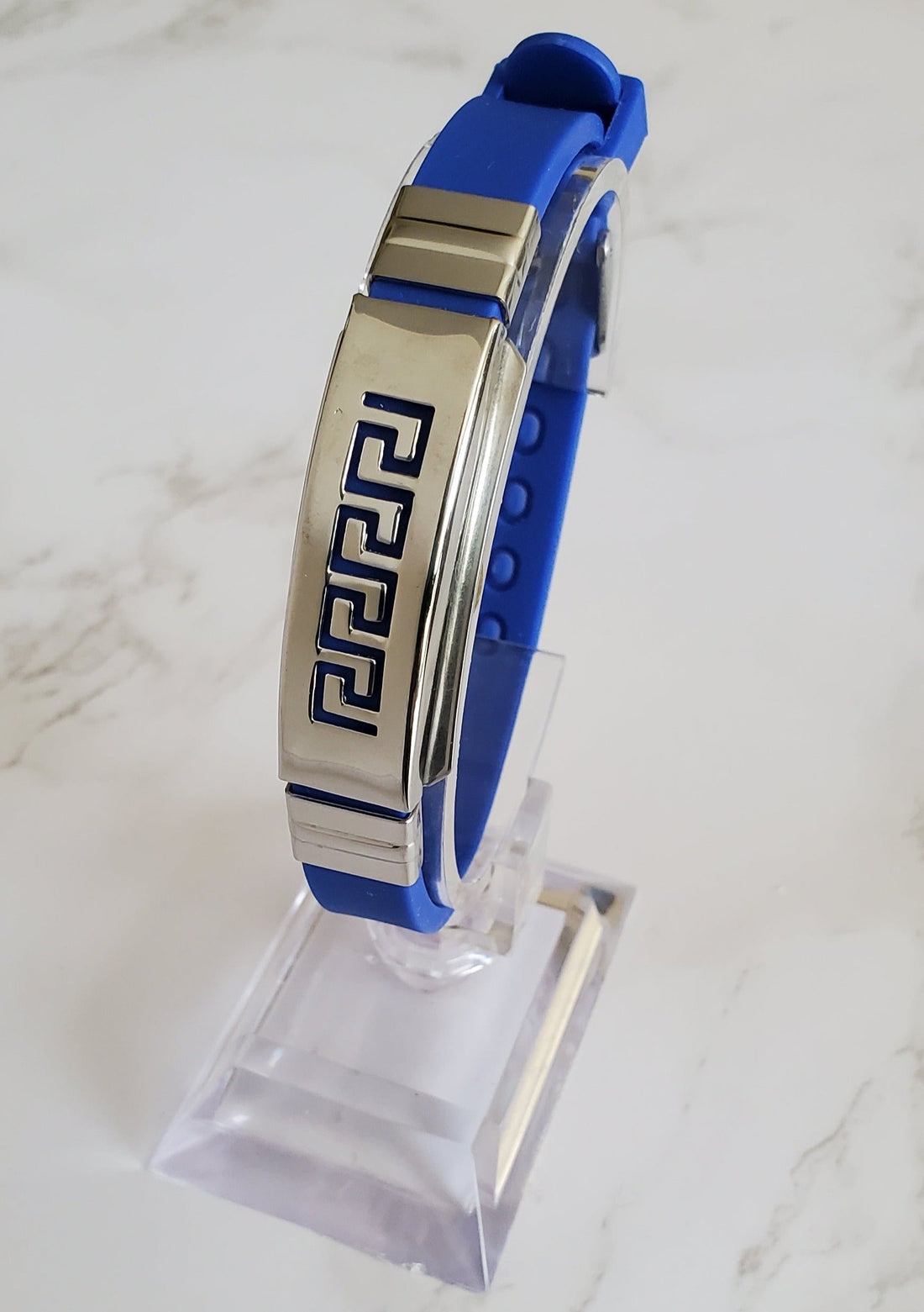 Pain Relief and EMF Protection Bracelet Greek Key Neoprene Band Color Royal Blue