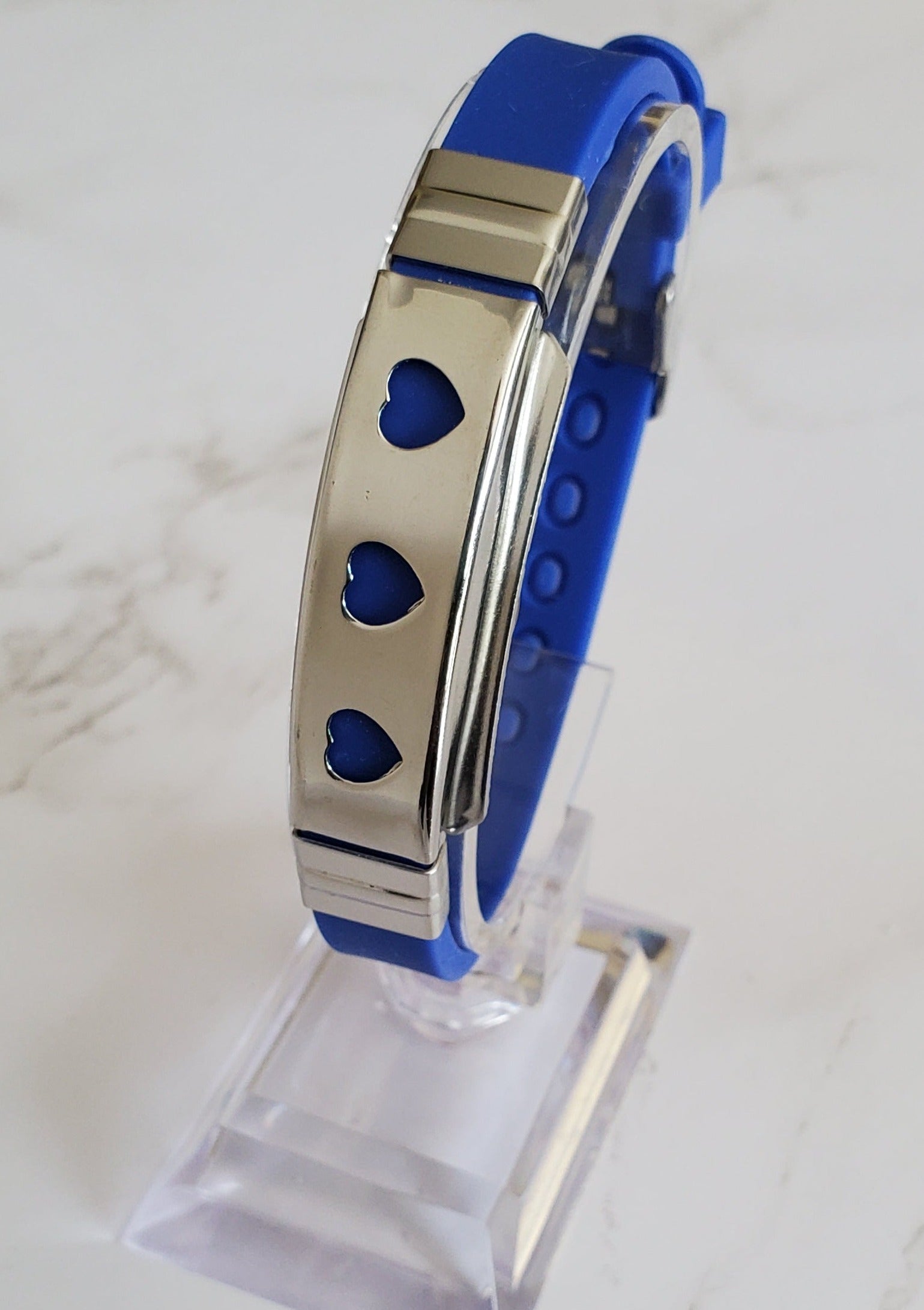 Frequency Jewelry Natural Pain Relief and EMF Protection Bracelet Hearts Neoprene Band Color Royal Blue