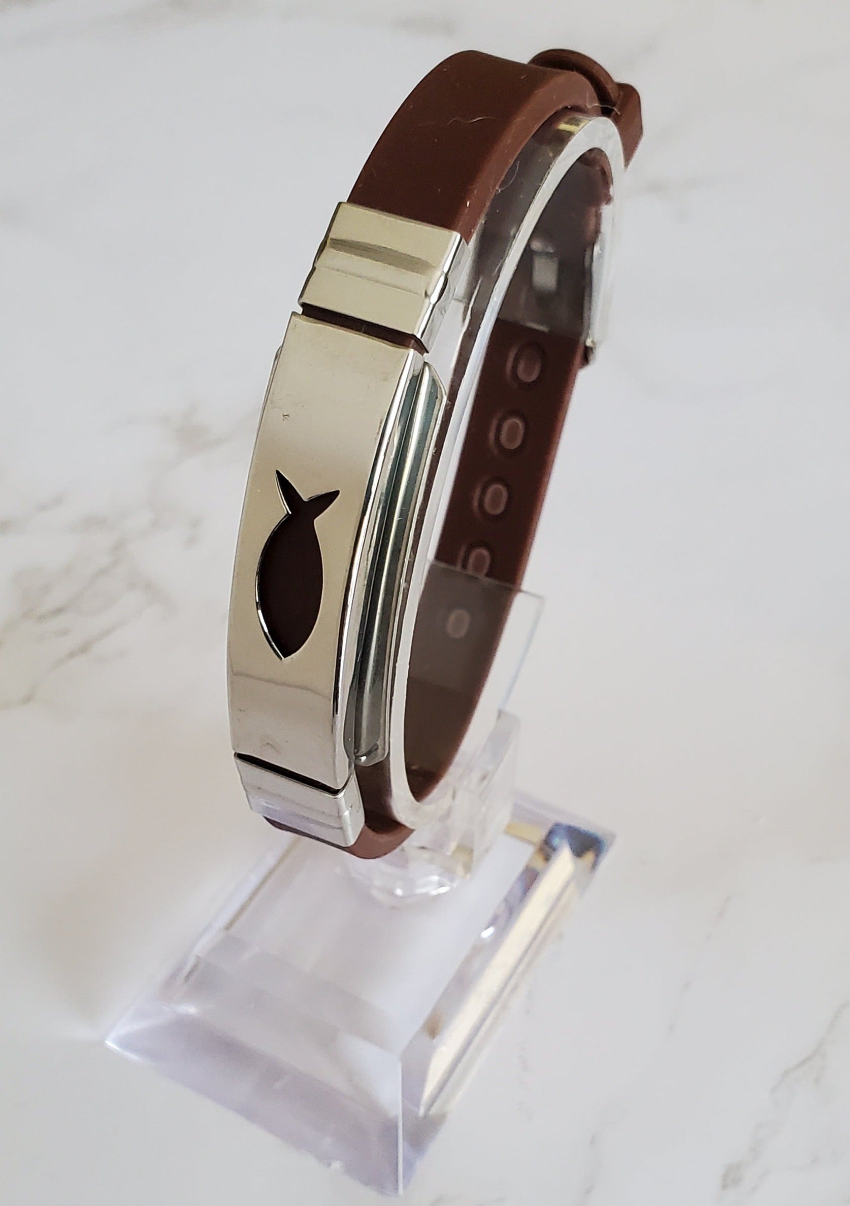 Frequency Jewelry Natural Pain Relief and EMF Protection Bracelet Christian Fish Neoprene Band Color Brown