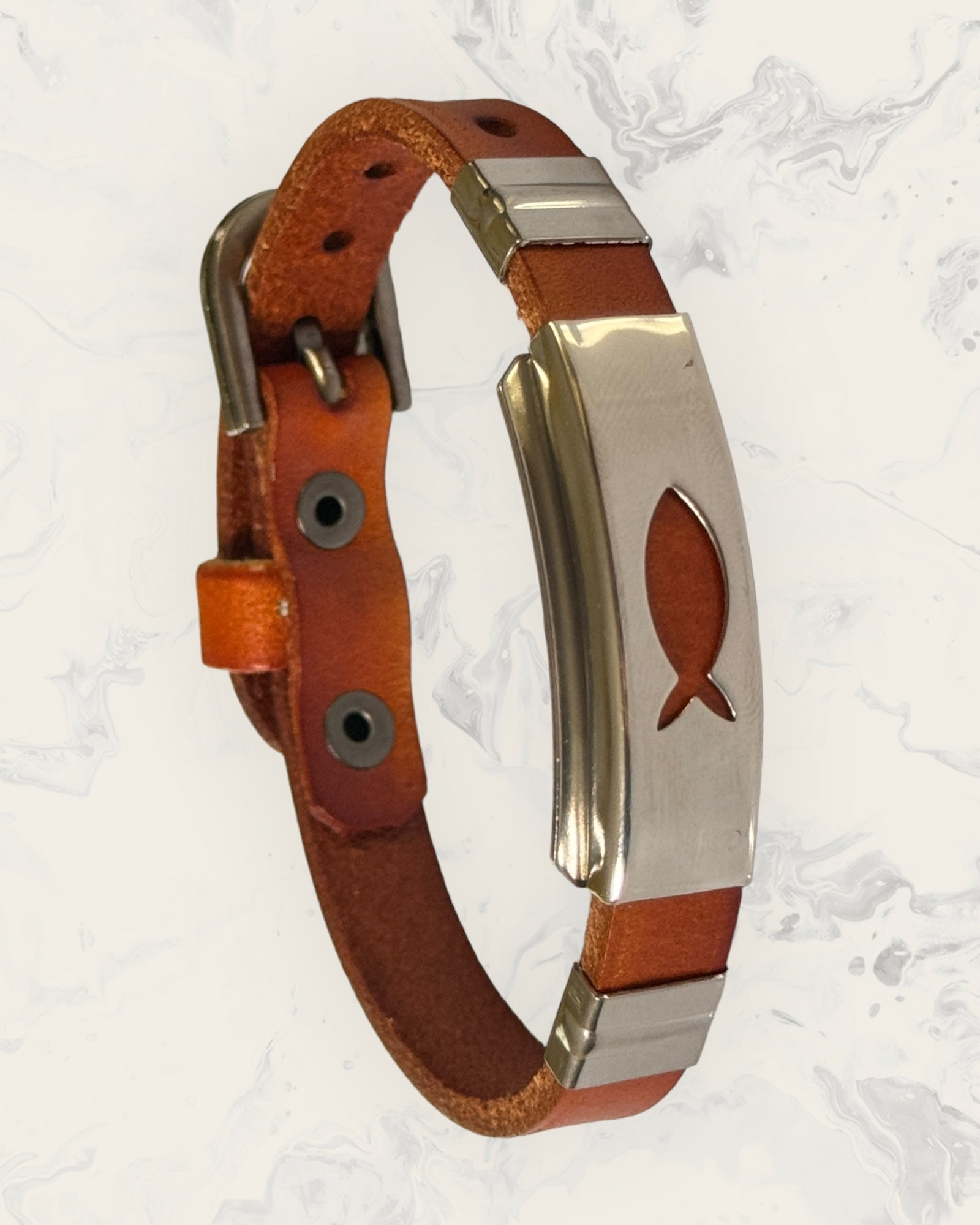 Natural Pain Relief and EMF Protection Bracelet Leather Band Color Burnt Orange with Christian Fish design on a silver metal slider