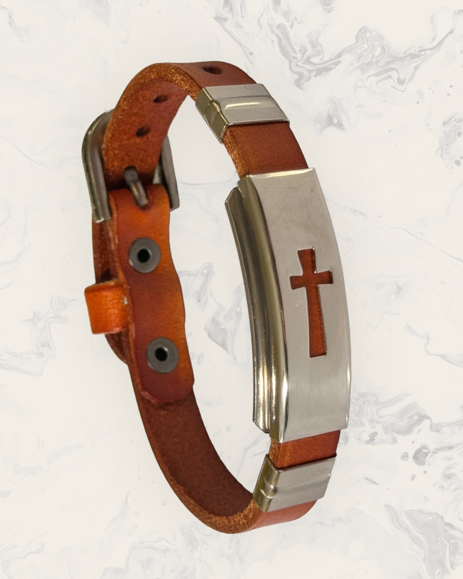 Natural Pain Relief and EMF Protection Bracelet Leather Band Color Burnt Orange with Cross design on a silver metal slider