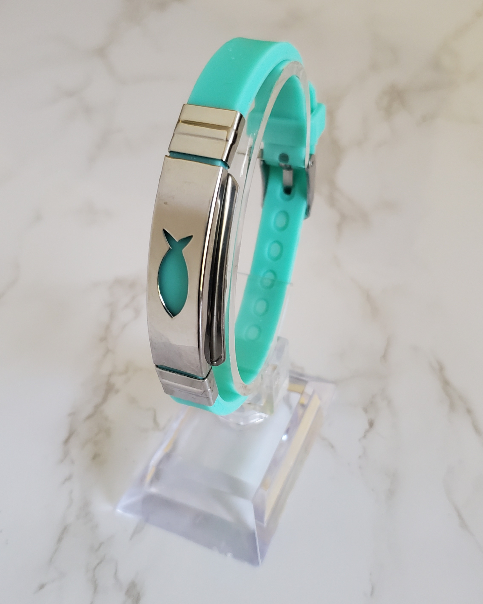 Pain Relief and EMF Protection Bracelet Christian Fish Neoprene Band Color Mint Green