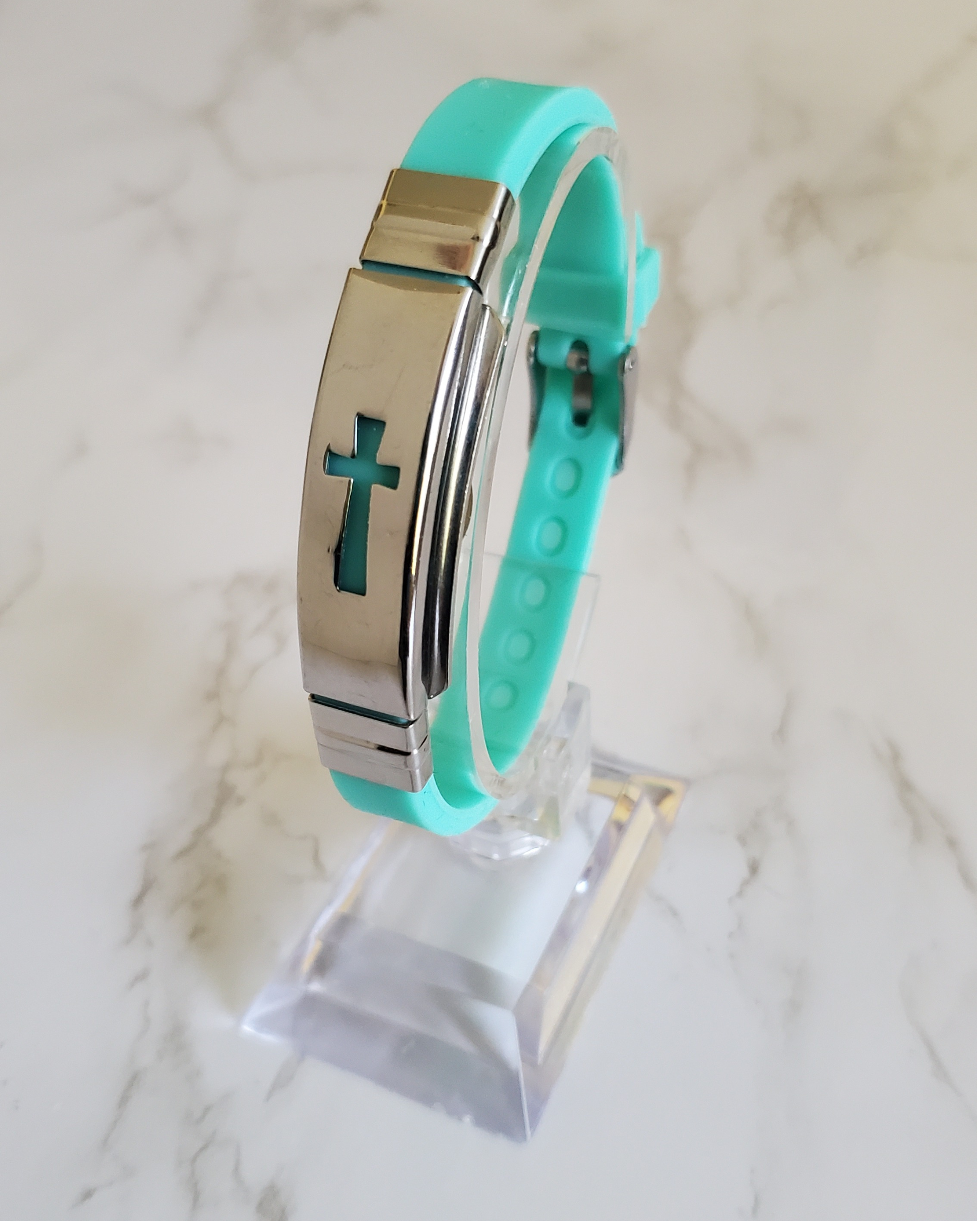 Frequency Jewelry Natural Pain Relief and EMF Protection Bracelet Cross Neoprene Band Color Mint Green