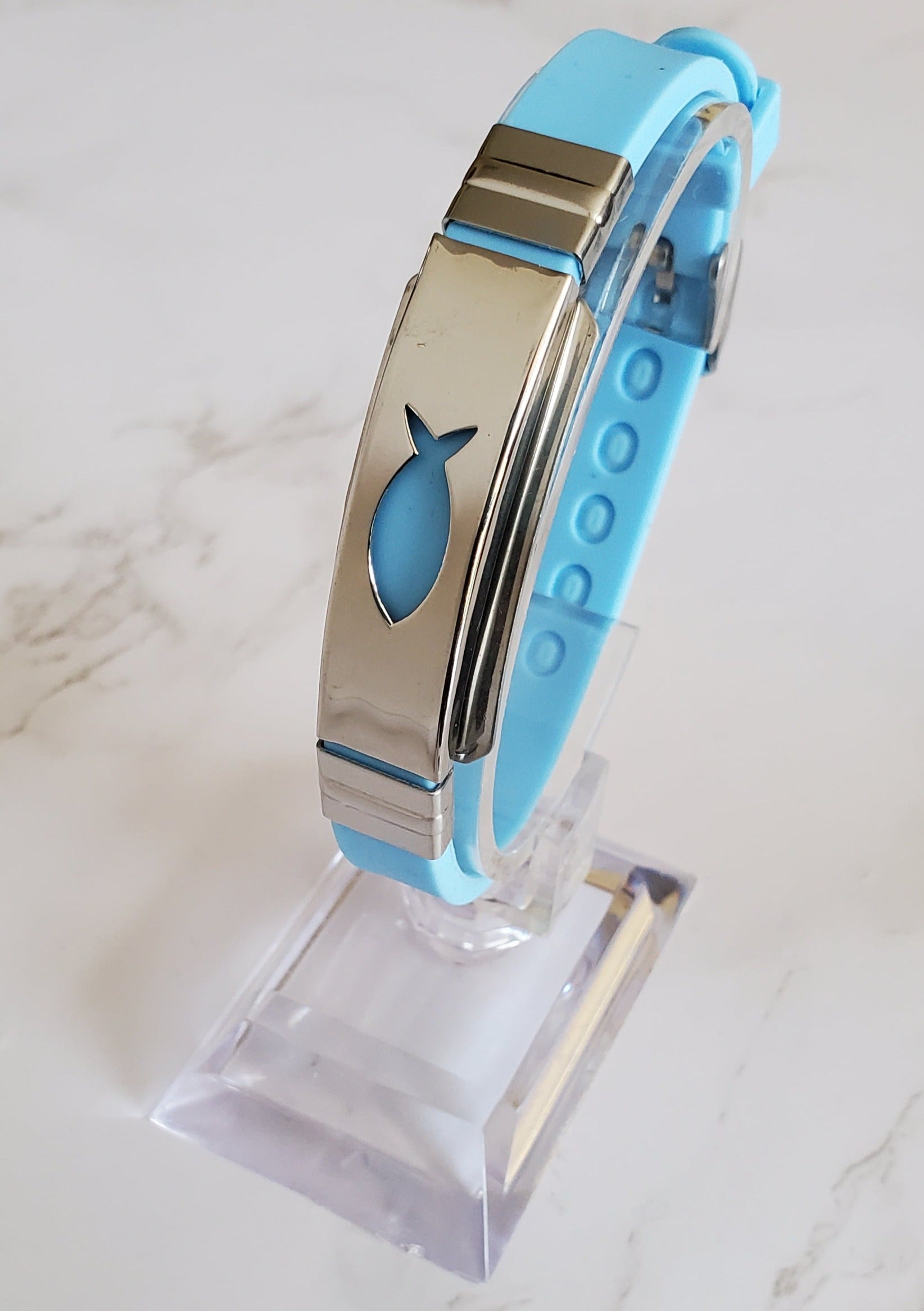 Frequency Jewelry Natural Pain Relief and EMF Protection Bracelet Christian Fish Neoprene Band Color Light Blue