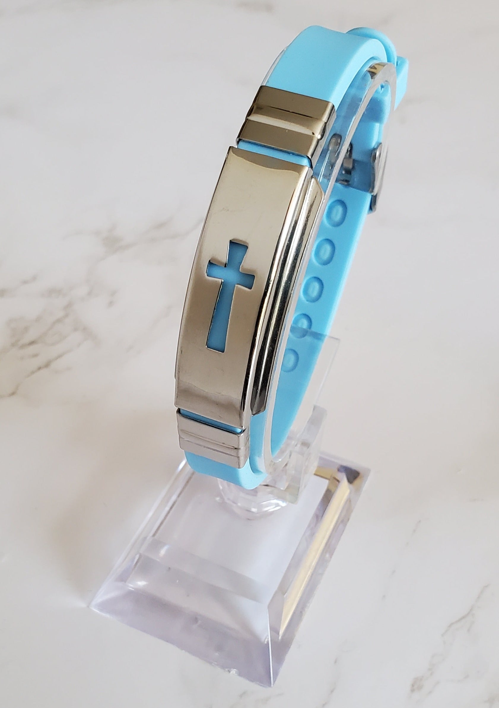 Frequency Jewelry Natural Pain Relief and EMF Protection Bracelet Cross Neoprene Band Color Light Blue