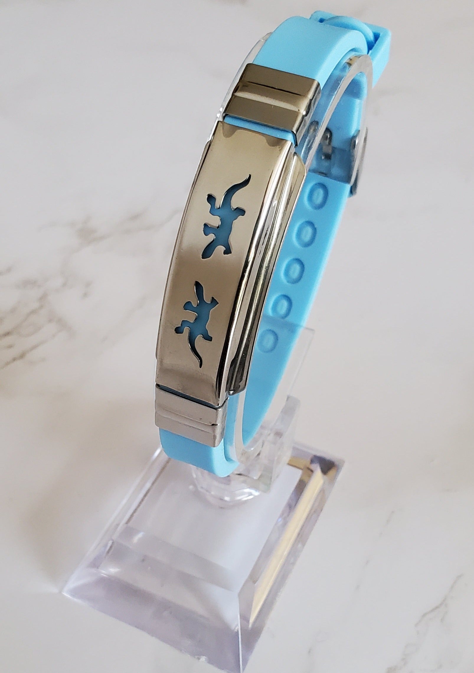 Frequency Jewelry Natural Pain Relief and EMF Protection Bracelet Gecko Neoprene Band Color Light Blue