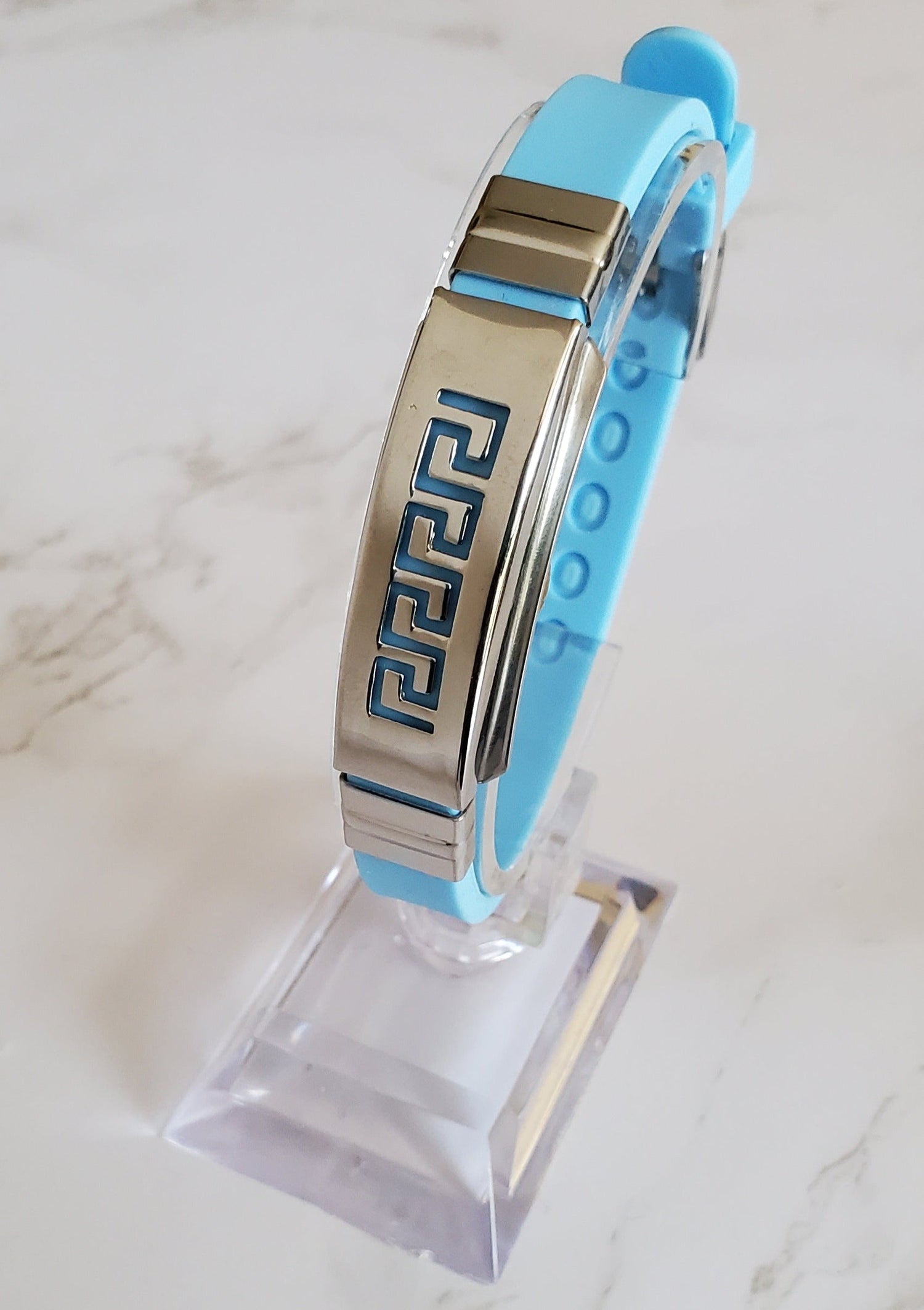 Pain Relief and EMF Protection Bracelet Greek Key Neoprene Band Color Light Blue