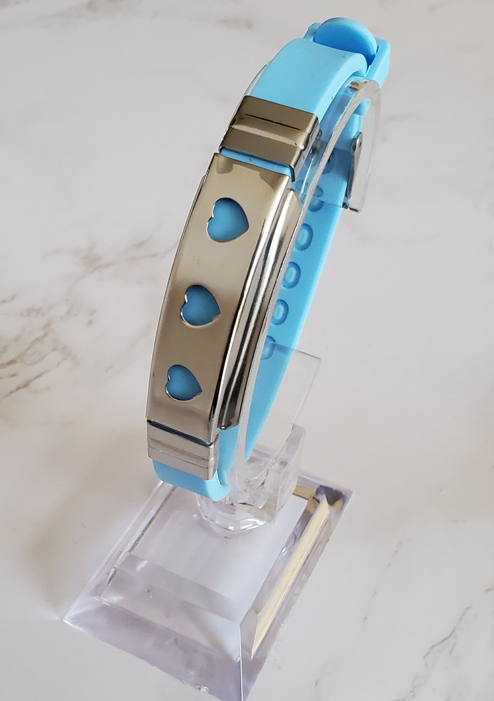 Frequency Jewelry Natural Pain Relief and EMF Protection Bracelet Hearts Neoprene Band Color Light Blue