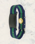 Natural Pain Relief and EMF Protection Bracelet Nylon Band Color Navy Blue and Green Striped with a Black Slider