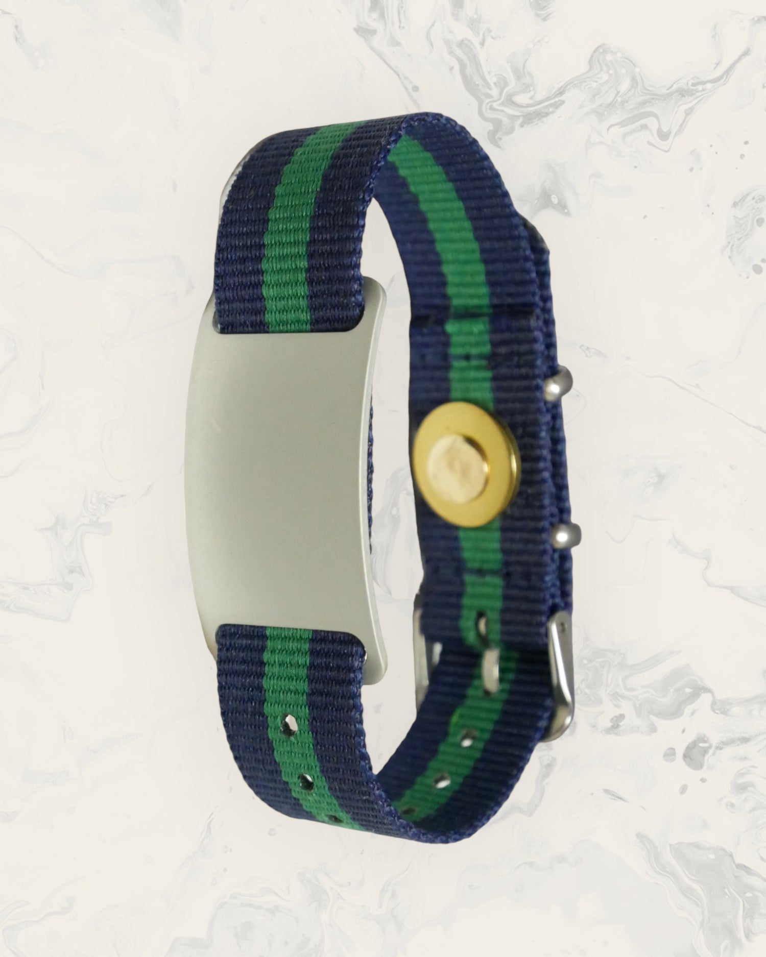 Natural Pain Relief and EMF Protection Bracelet Nylon Band Color Navy Blue and Green Striped with a Silver Slider