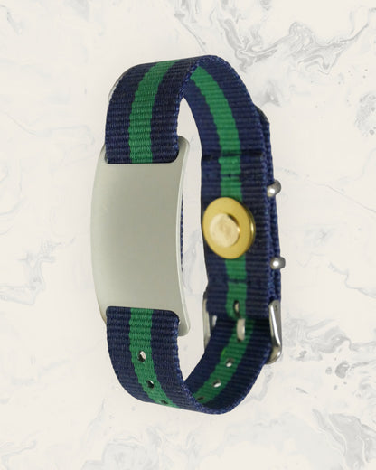 Natural Pain Relief and EMF Protection Bracelet Nylon Band Color Navy Blue and Green Striped with a Silver Slider