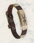 Natural Pain Relief and EMF Protection Bracelet Leather Band Color Dark Brown with Aztec design on a silver metal slider