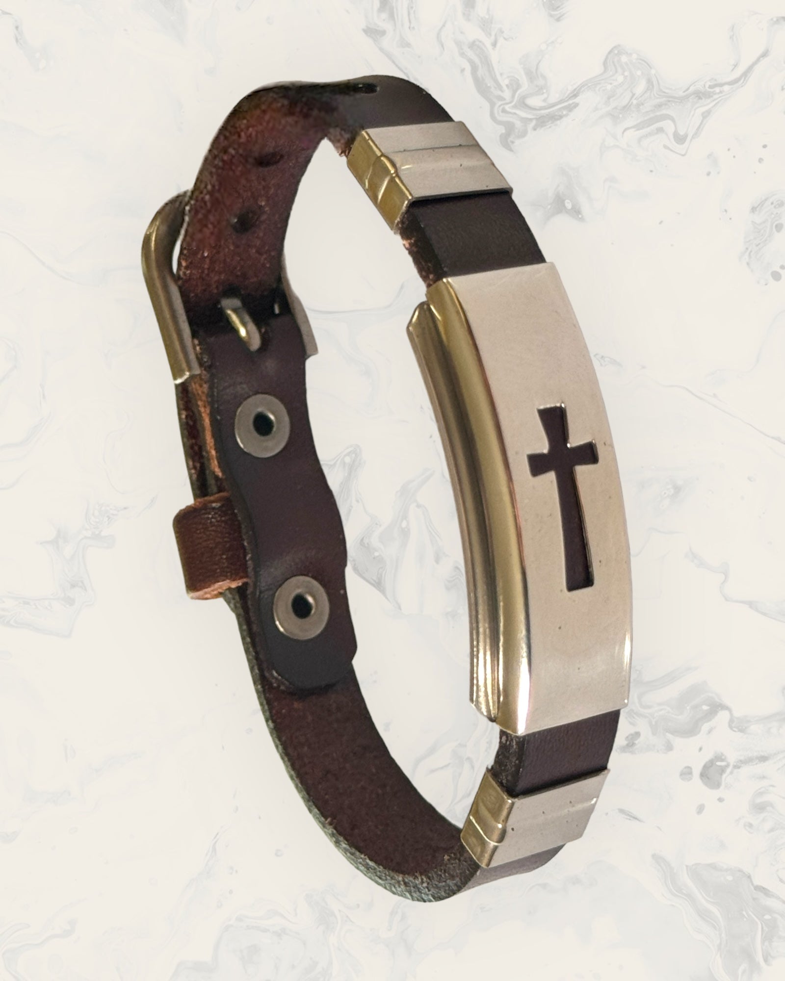 Natural Pain Relief and EMF Protection Bracelet Leather Band Color Dark Brown with Cross design on a silver metal slider