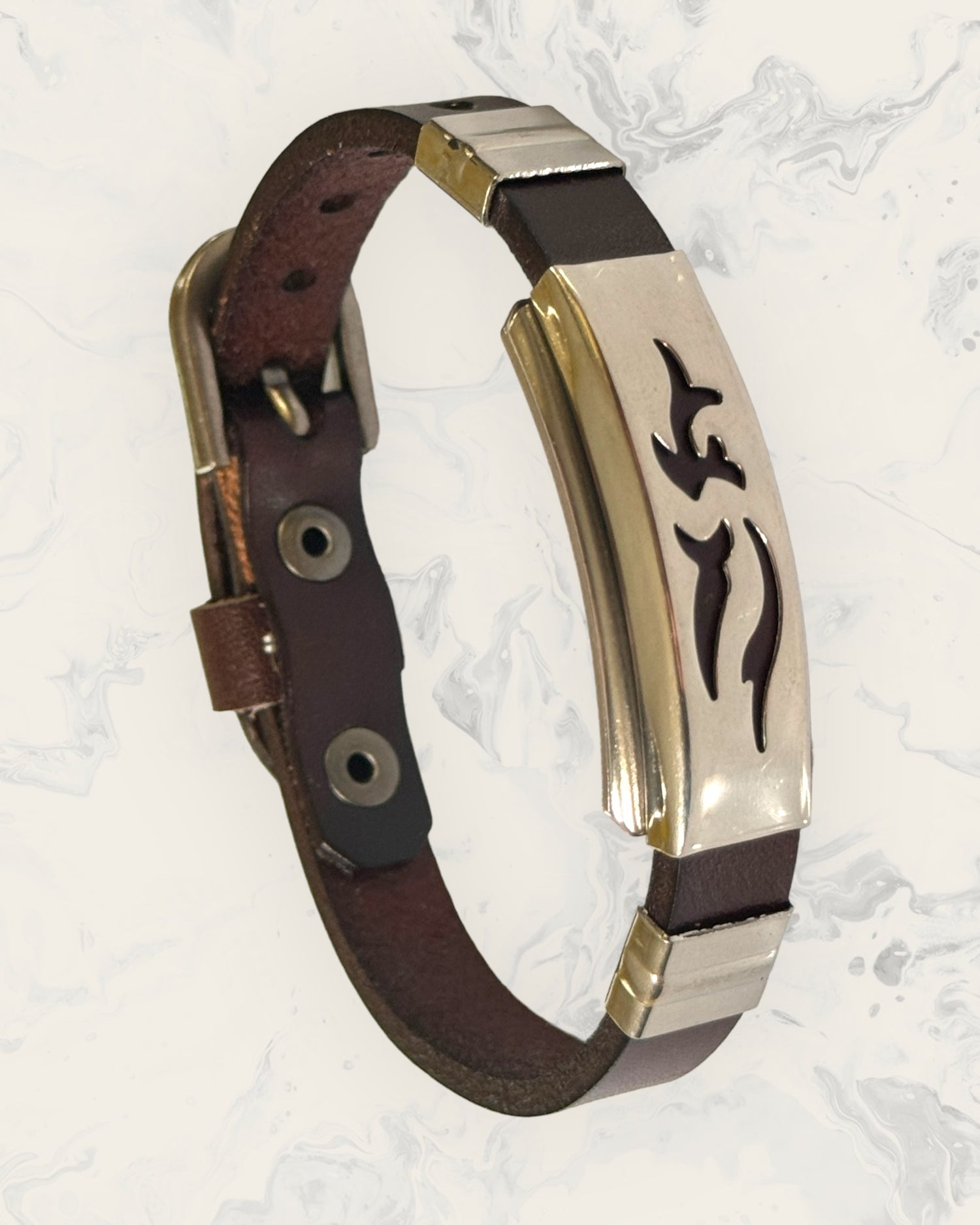 Natural Pain Relief and EMF Protection Bracelet Leather Band Color Dark Brown with Dolphin design on a silver metal slider