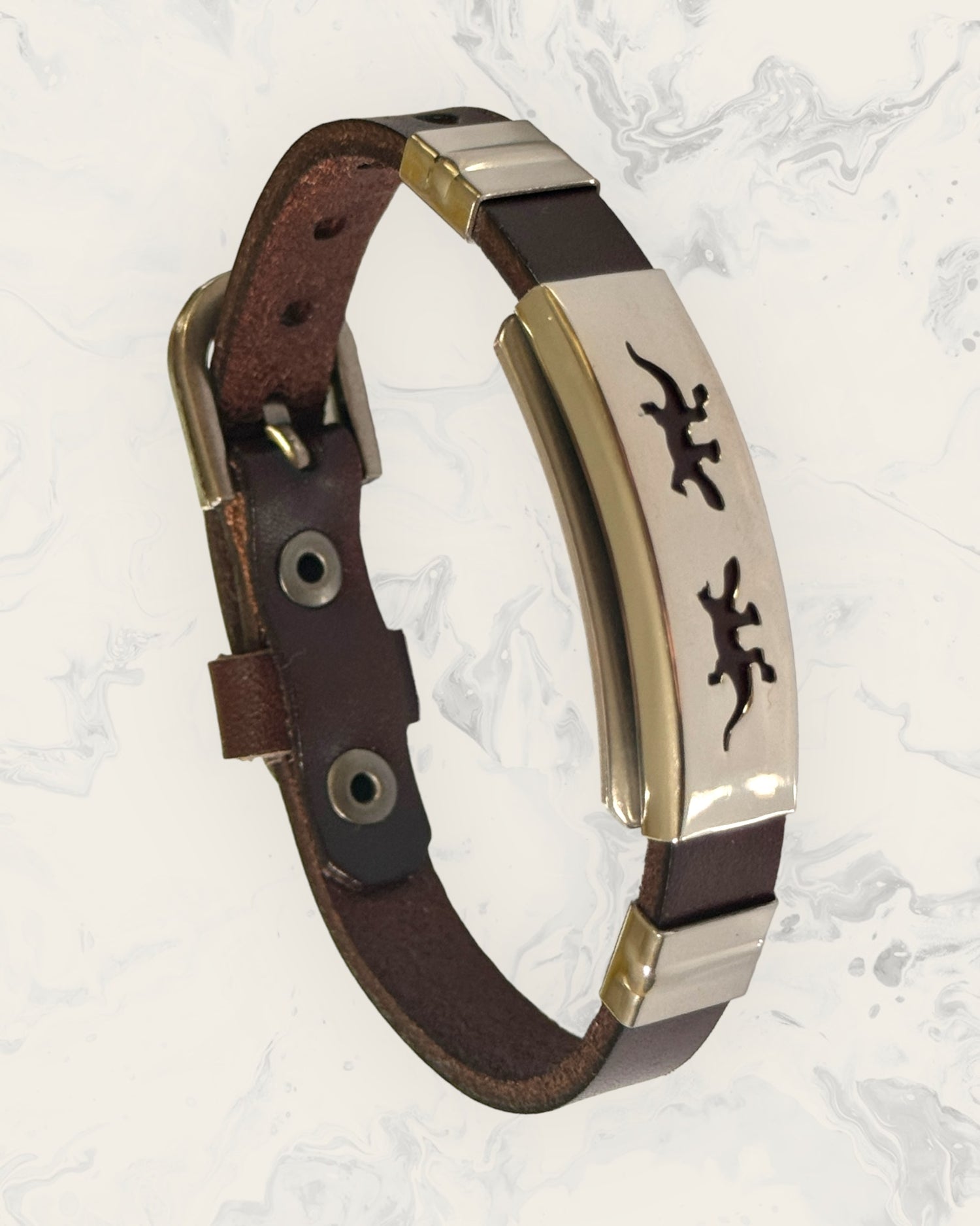 Natural Pain Relief and EMF Protection Bracelet Leather Band Color Dark Brown with Two Geckos design on a silver metal slider