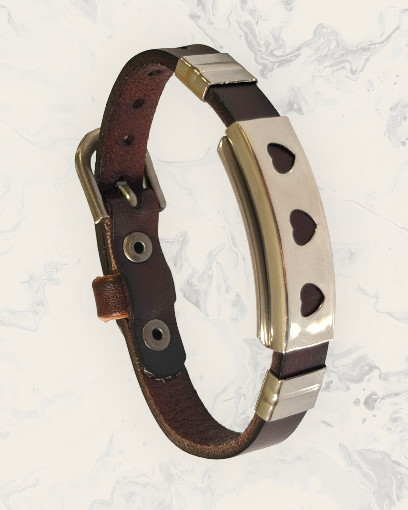 Frequency Jewelry Natural Pain Relief and EMF Protection Bracelet Leather Band Color Dark Brown with Three Hearts design on a silver metal slider