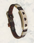 Natural Pain Relief and EMF Protection Bracelet Leather Band Color Dark Brown with Three Hearts design on a silver metal slider