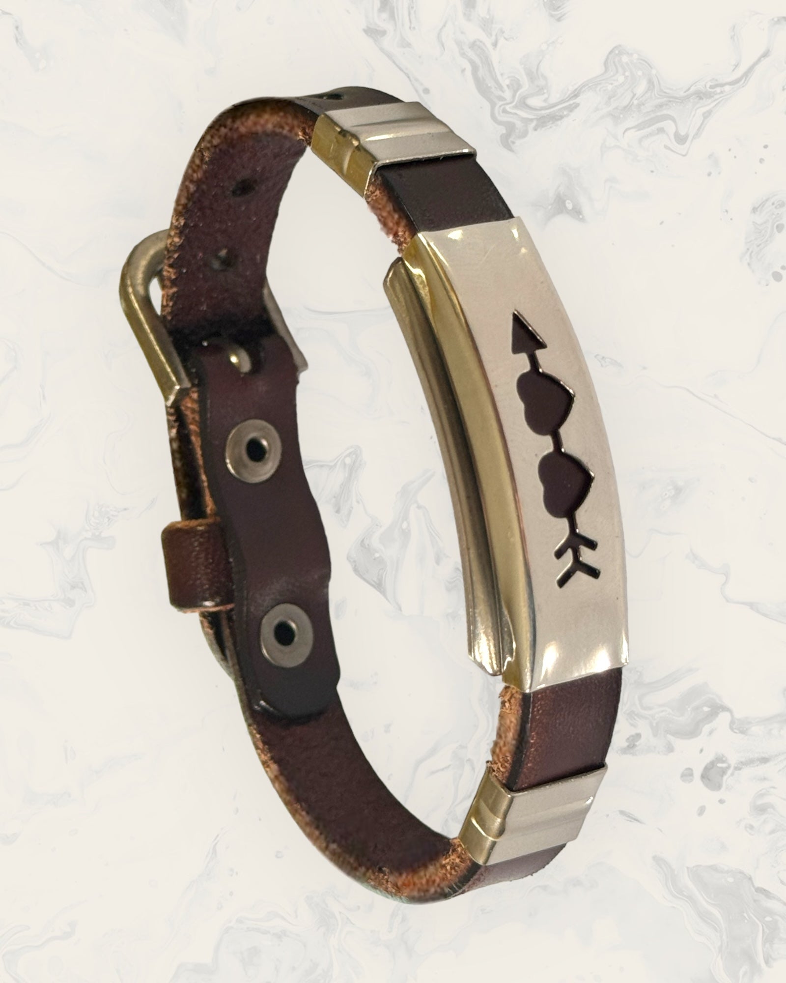 Frequency Jewelry Natural Pain Relief and EMF Protection Bracelet Leather Band Color Dark Brown with Two Hearts and an arrow design on a silver metal slider