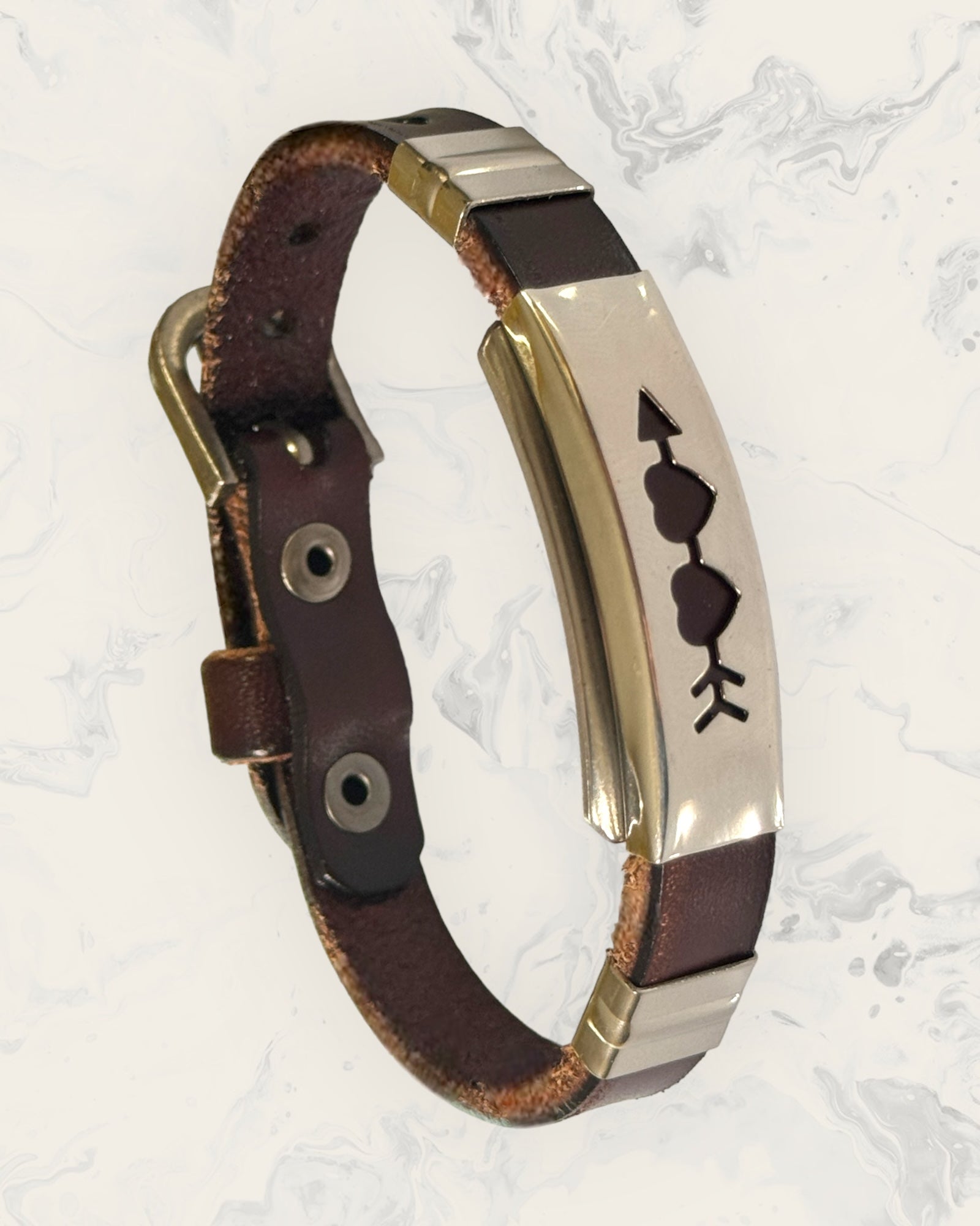 Natural Pain Relief and EMF Protection Bracelet Leather Band Color Dark Brown with Two Hearts and an arrow design on a silver metal slider