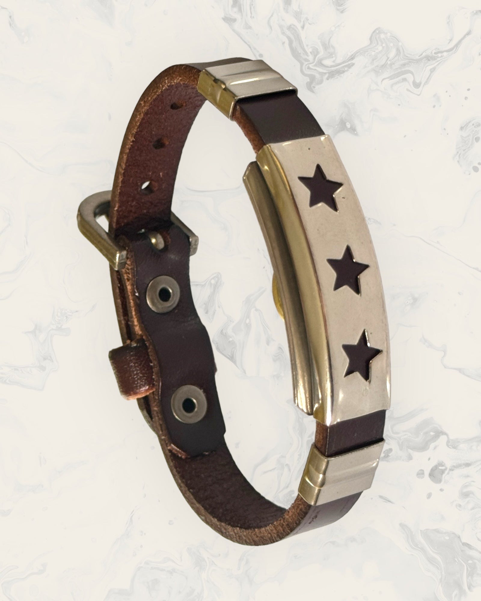 Natural Pain Relief and EMF Protection Bracelet Leather Band Color Dark Brown with a Star design on a silver metal slider