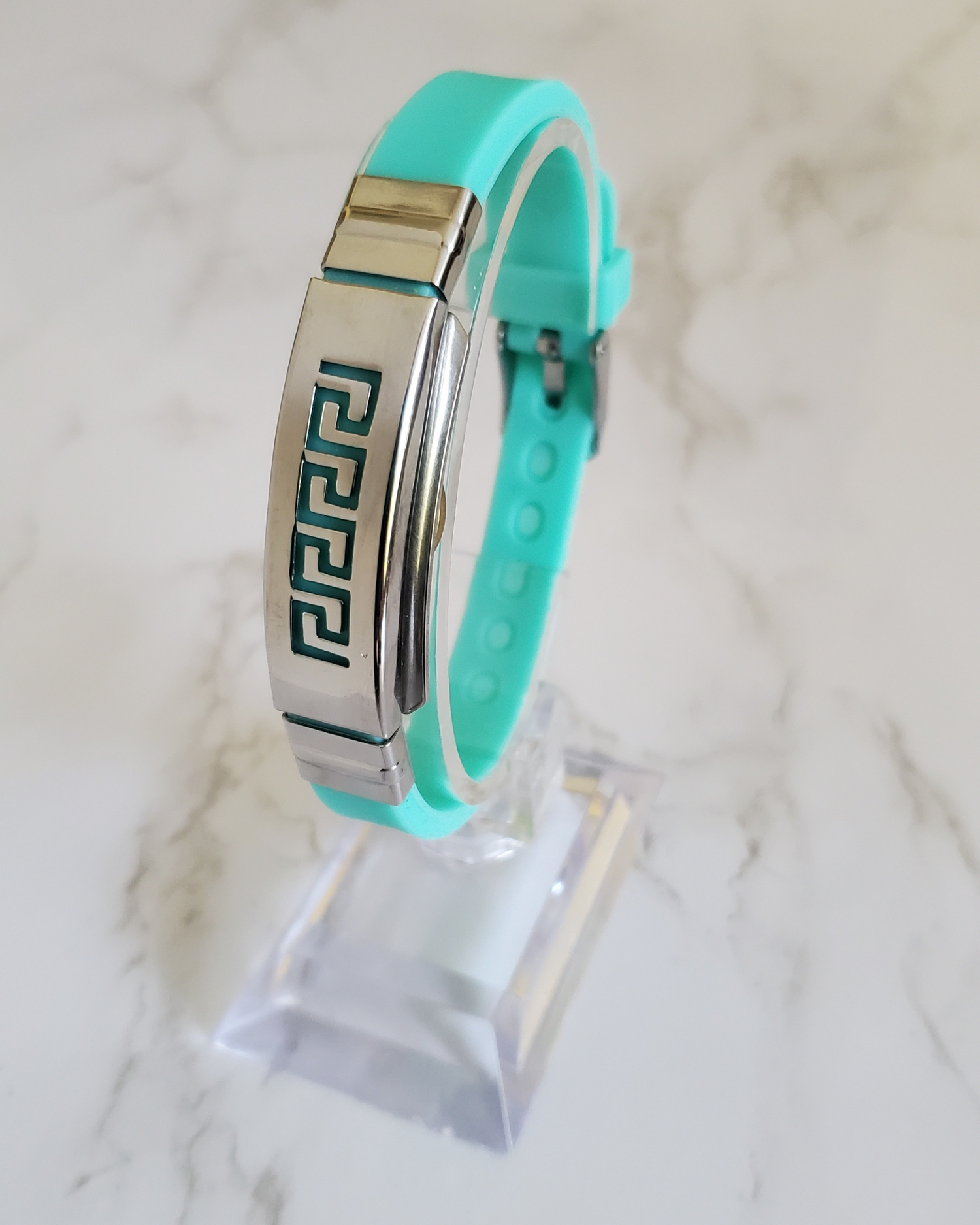 Pain Relief and EMF Protection Bracelet Greek Key Neoprene Band Color Mint Green