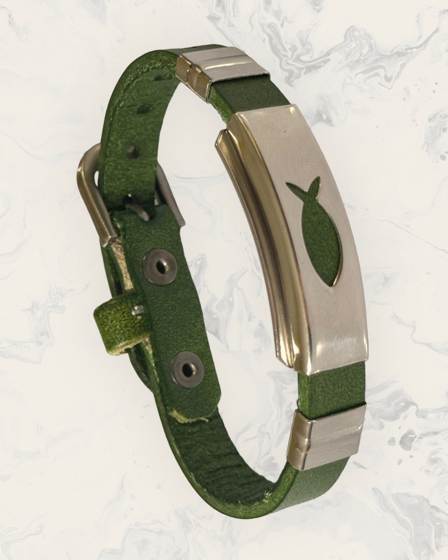Natural Pain Relief and EMF Protection Bracelet Leather Band Color Green with Christian Fish design on a silver metal slider