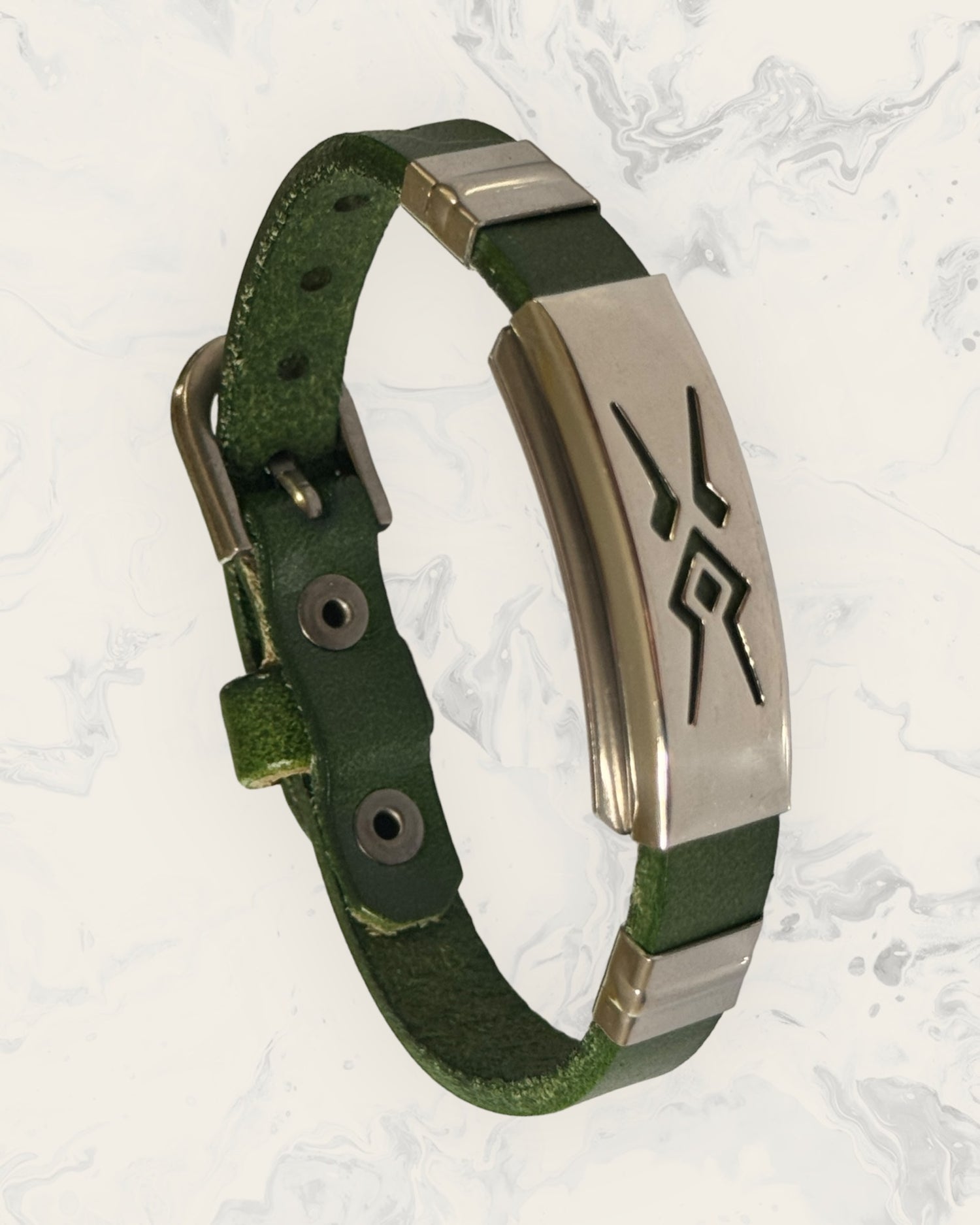 Natural Pain Relief and EMF Protection Bracelet Leather Band Color Green with Aztec design on a silver metal slider