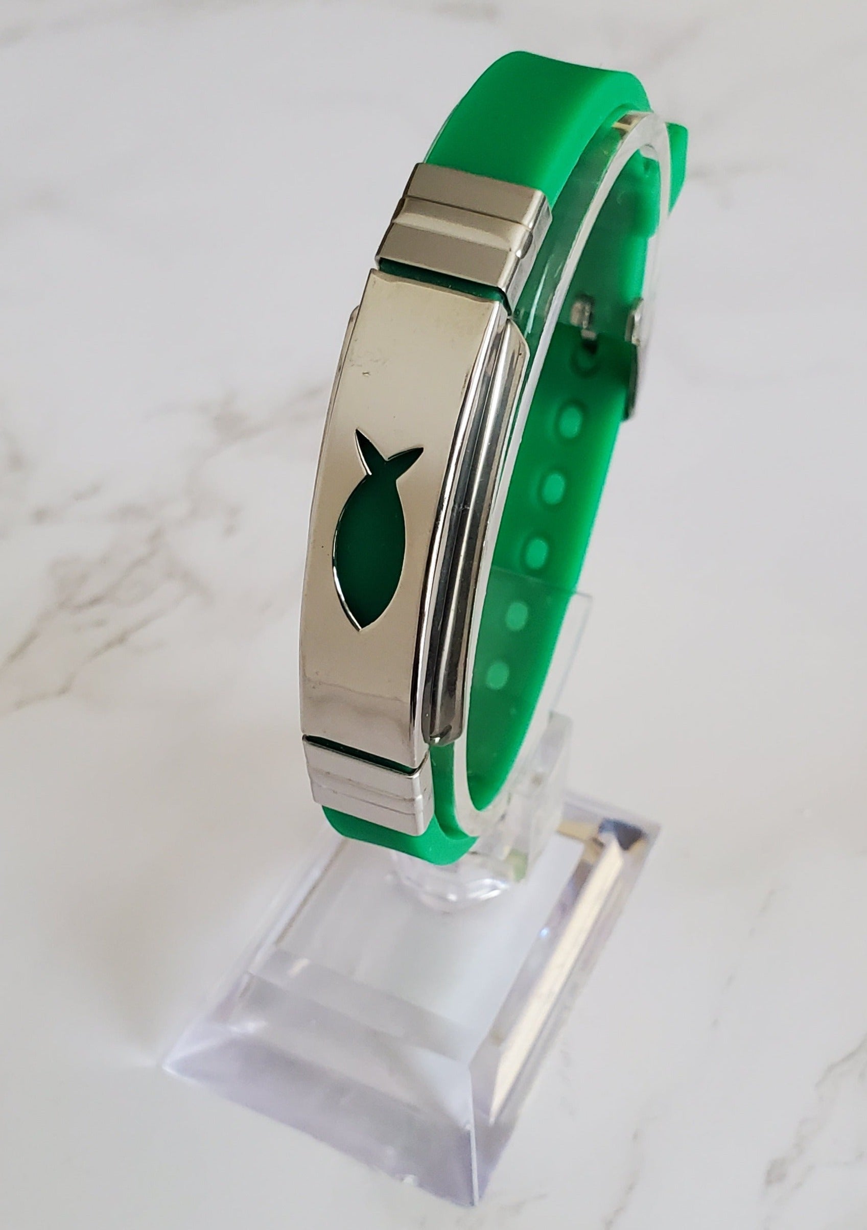 Frequency Jewelry Natural Pain Relief and EMF Protection Bracelet Christian Fish Neoprene Band Color Green
