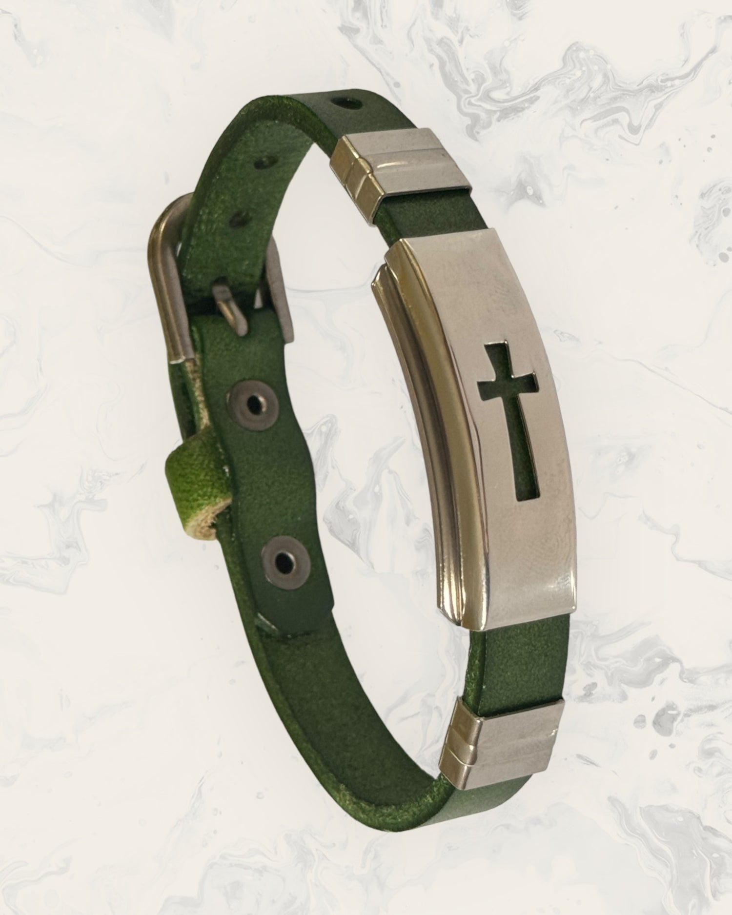 Natural Pain Relief and EMF Protection Bracelet Leather Band Color Green with Cross design on a silver metal slider