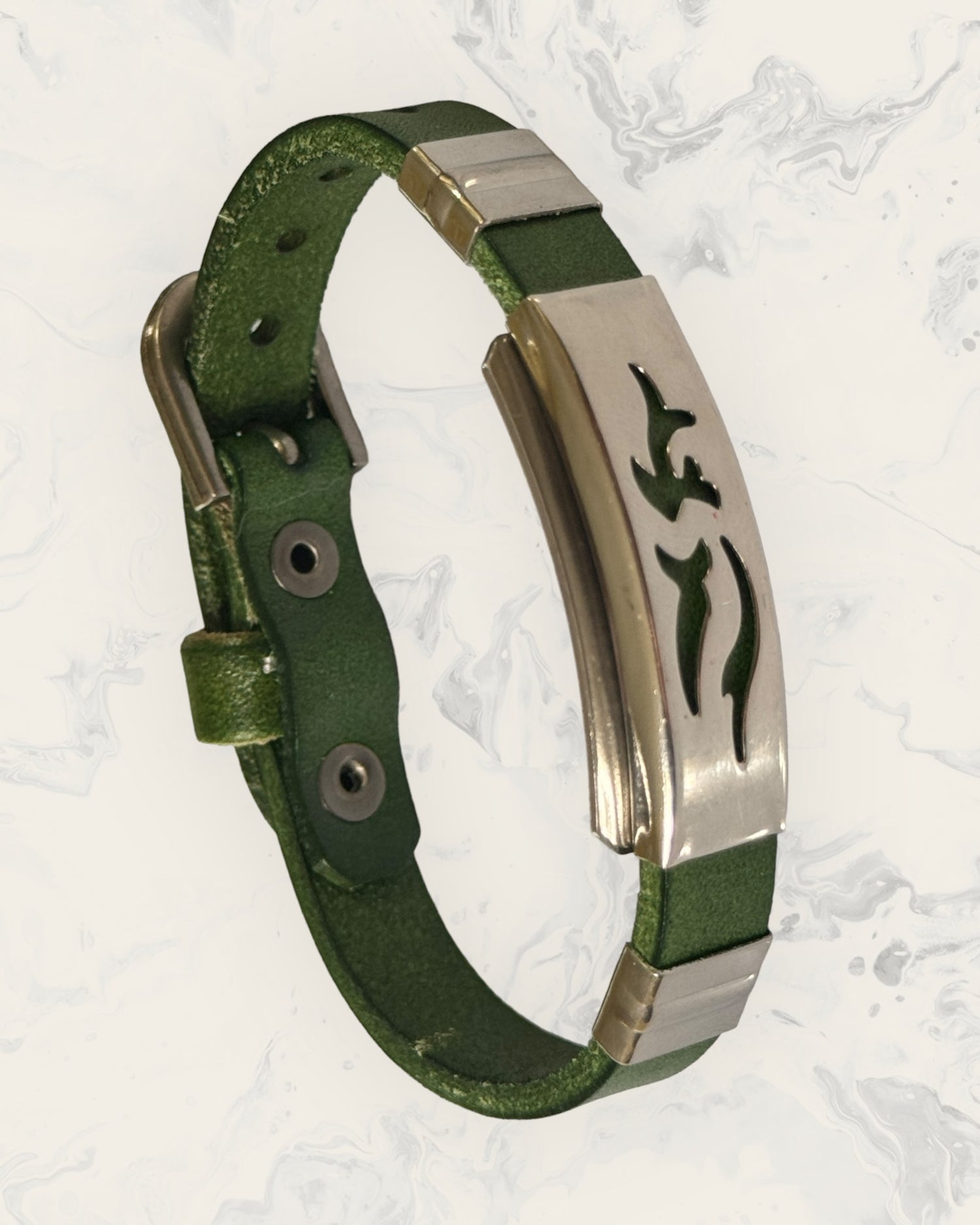 Natural Pain Relief and EMF Protection Bracelet Leather Band Color Green with Dolphin design on a silver metal slider