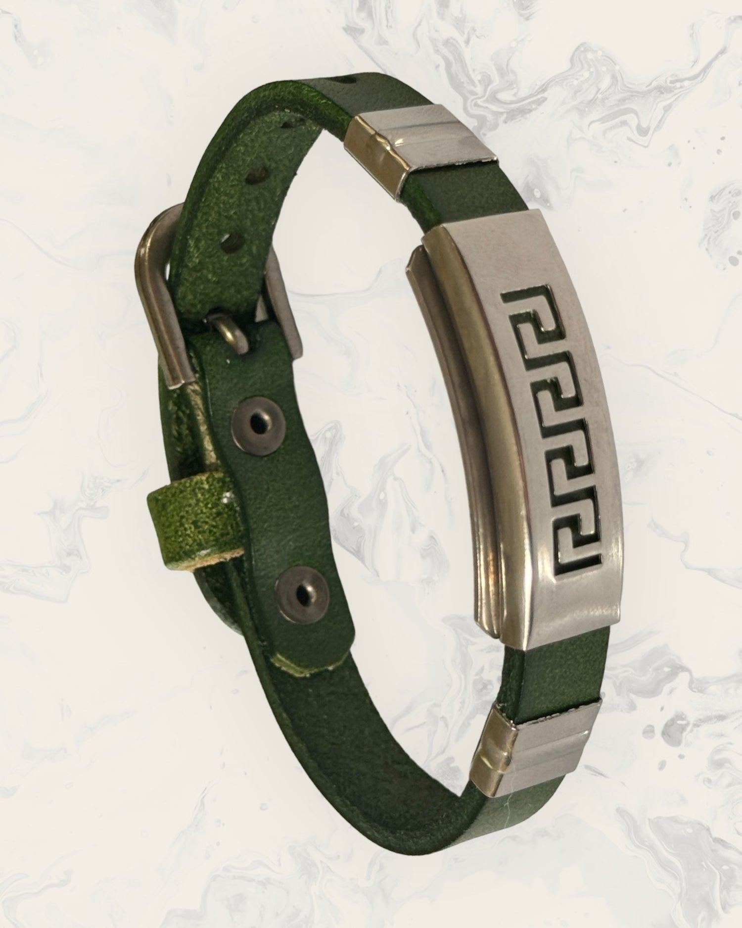 Natural Pain Relief and EMF Protection Bracelet Leather Band Color Green with Greek Key design on a silver metal slider