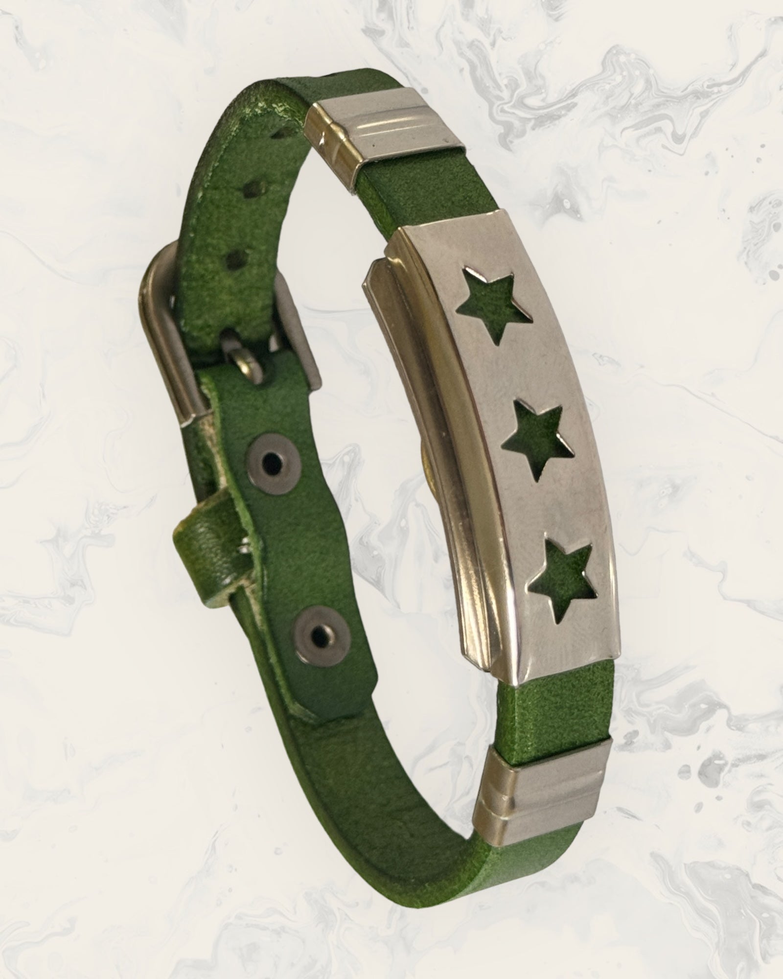 Natural Pain Relief and EMF Protection Bracelet Leather Band Color Green with a Star design on a silver metal slider
