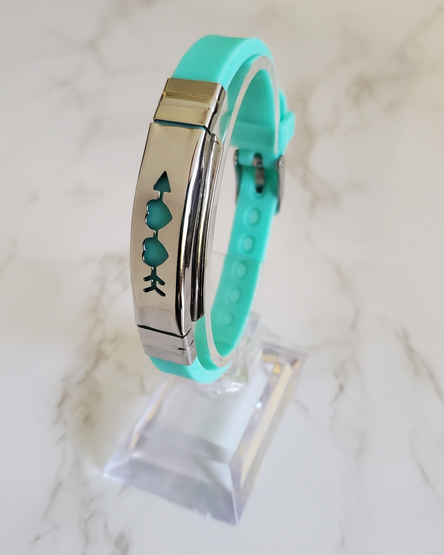 Pain Relief and EMF Protection Bracelet Two Hearts with Arrow Neoprene Band Color Mint Green
