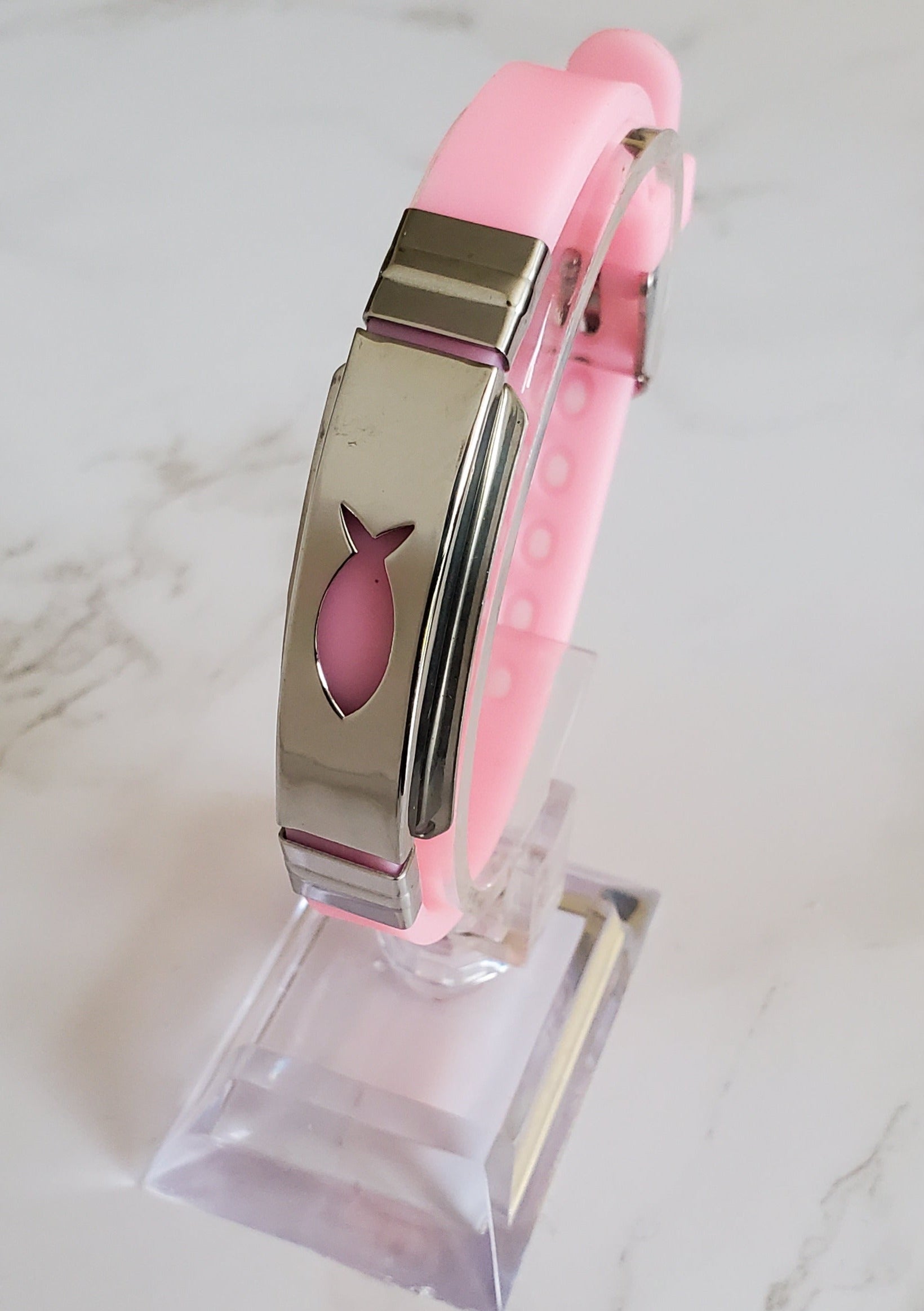 Frequency Jewelry Natural Pain Relief and EMF Protection Bracelet Christian Fish Neoprene Band Color Light Pink