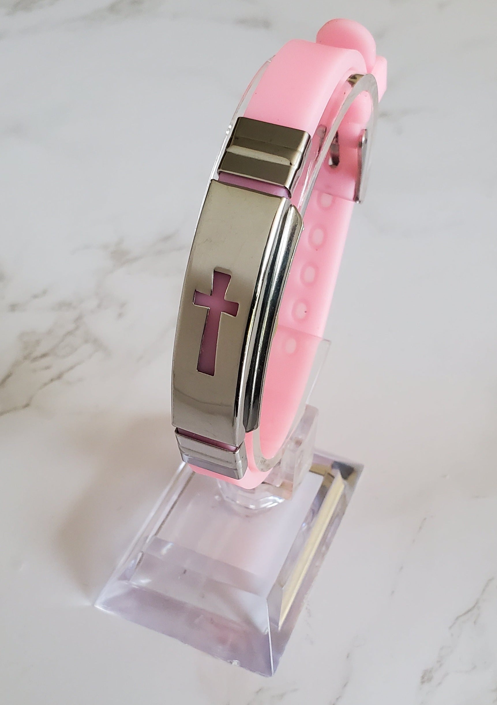 Frequency Jewelry Natural Pain Relief and EMF Protection Bracelet Cross Neoprene Band Color Light Pink
