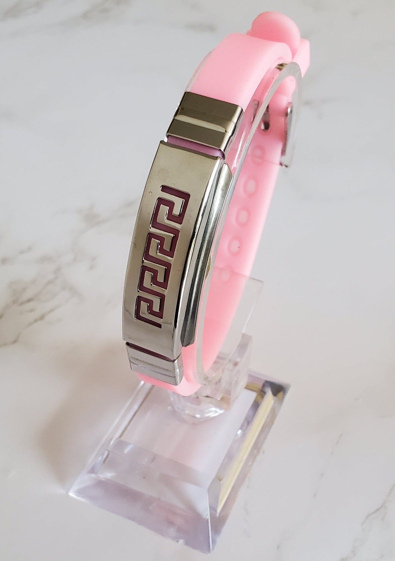 Pain Relief and EMF Protection Bracelet Greek Key Neoprene Band Color Light Pink